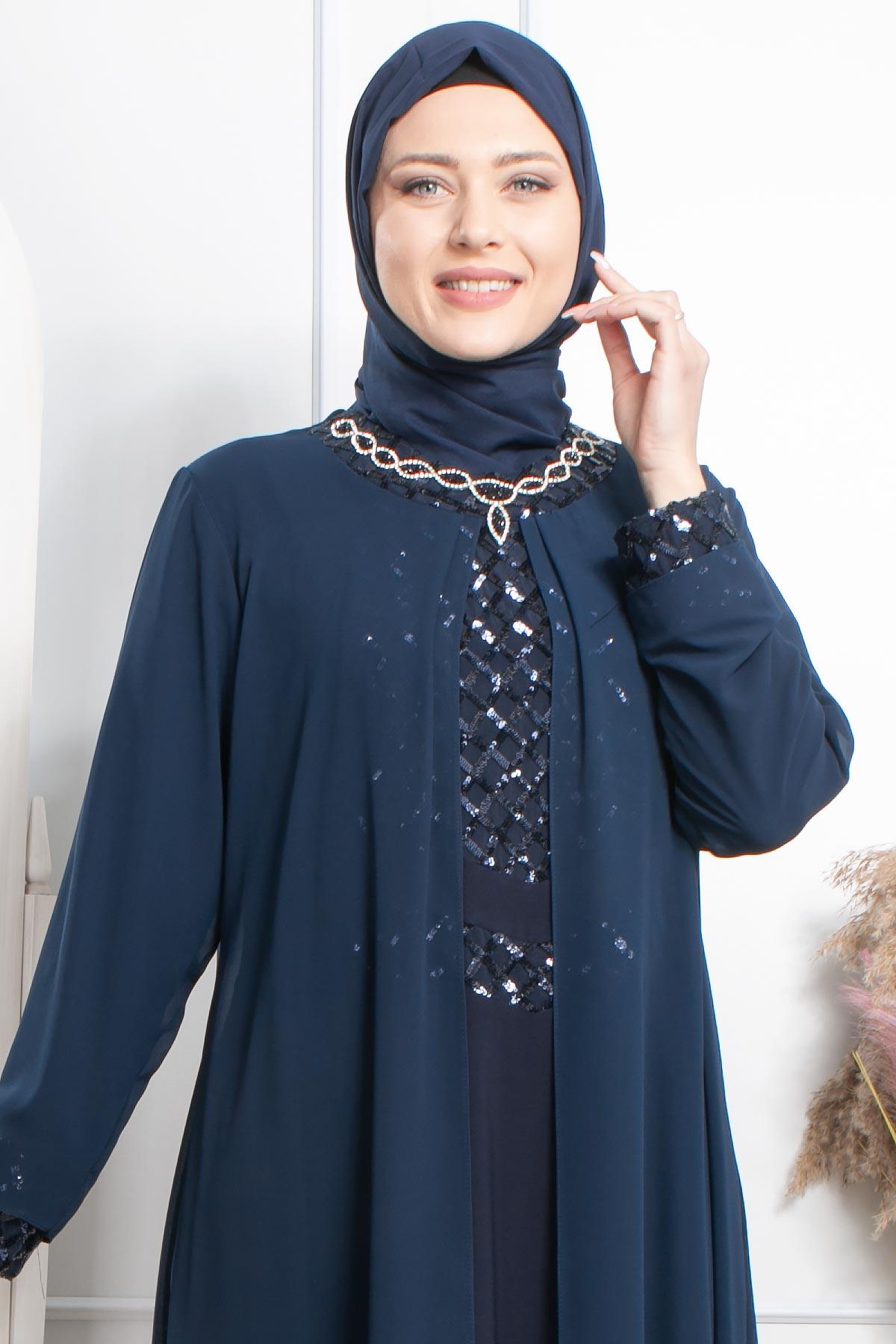 TAŞ İŞLEME DETAYLI PAYETLİ ELBİSE MDA2301-LACİVERTMDA