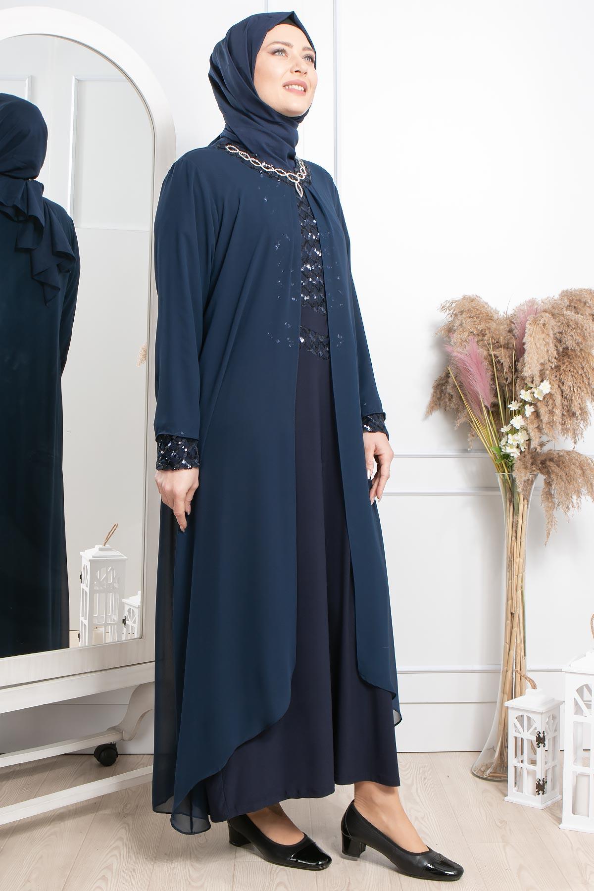 TAŞ İŞLEME DETAYLI PAYETLİ ELBİSE MDA2301-LACİVERTMDA