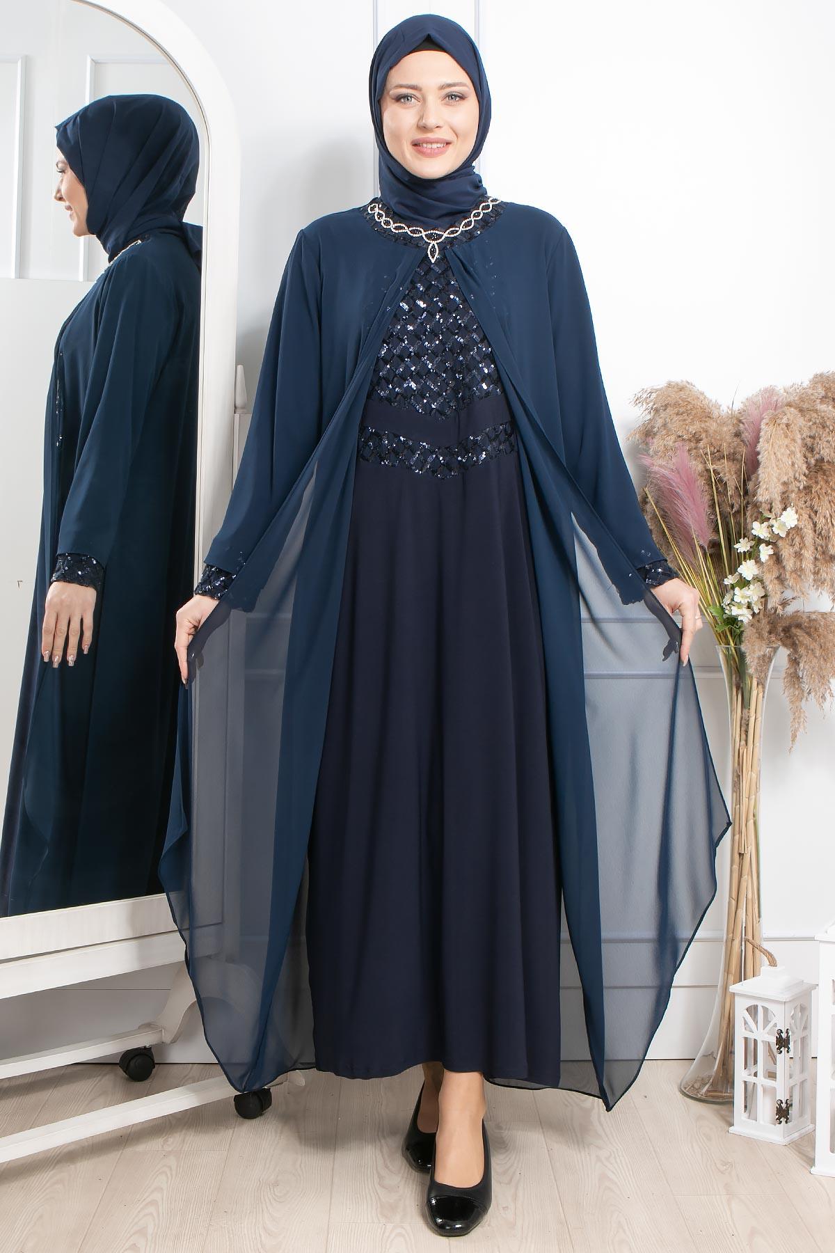 TAŞ İŞLEME DETAYLI PAYETLİ ELBİSE MDA2301-LACİVERTMDA