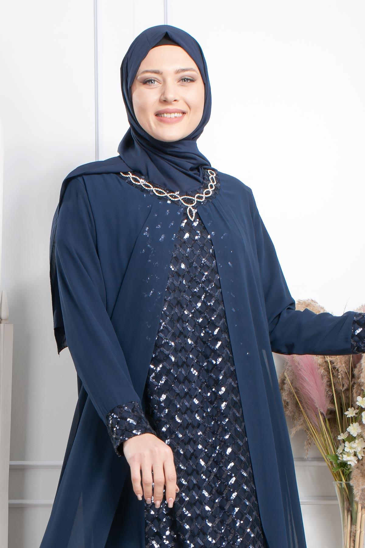 Taş İşlemeli Pul Payetli Abiye Lacivert MDA2307MDA2307-LACİVERTMDA