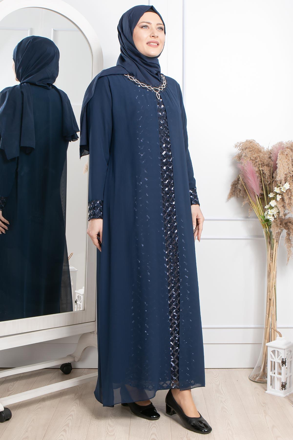 Taş İşlemeli Pul Payetli Abiye Lacivert MDA2307MDA2307-LACİVERTMDA