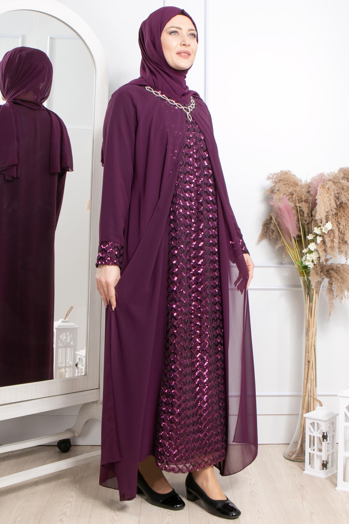 TAŞ İŞLEMELİ PUL PAYETLİ ABİYEMDA2307-MÜRDÜMMDA