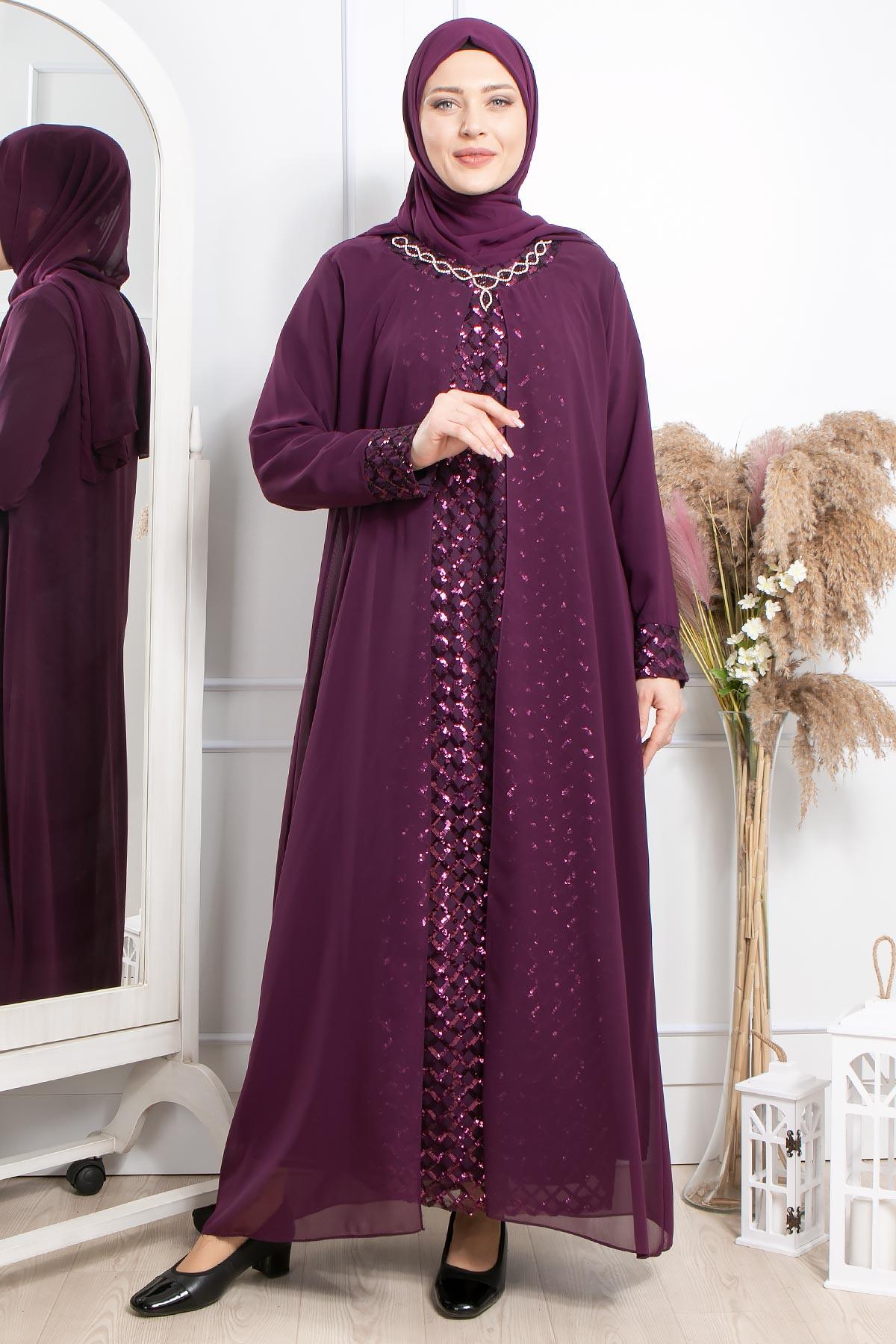 TAŞ İŞLEMELİ PUL PAYETLİ ABİYEMDA2307-MÜRDÜMMDA