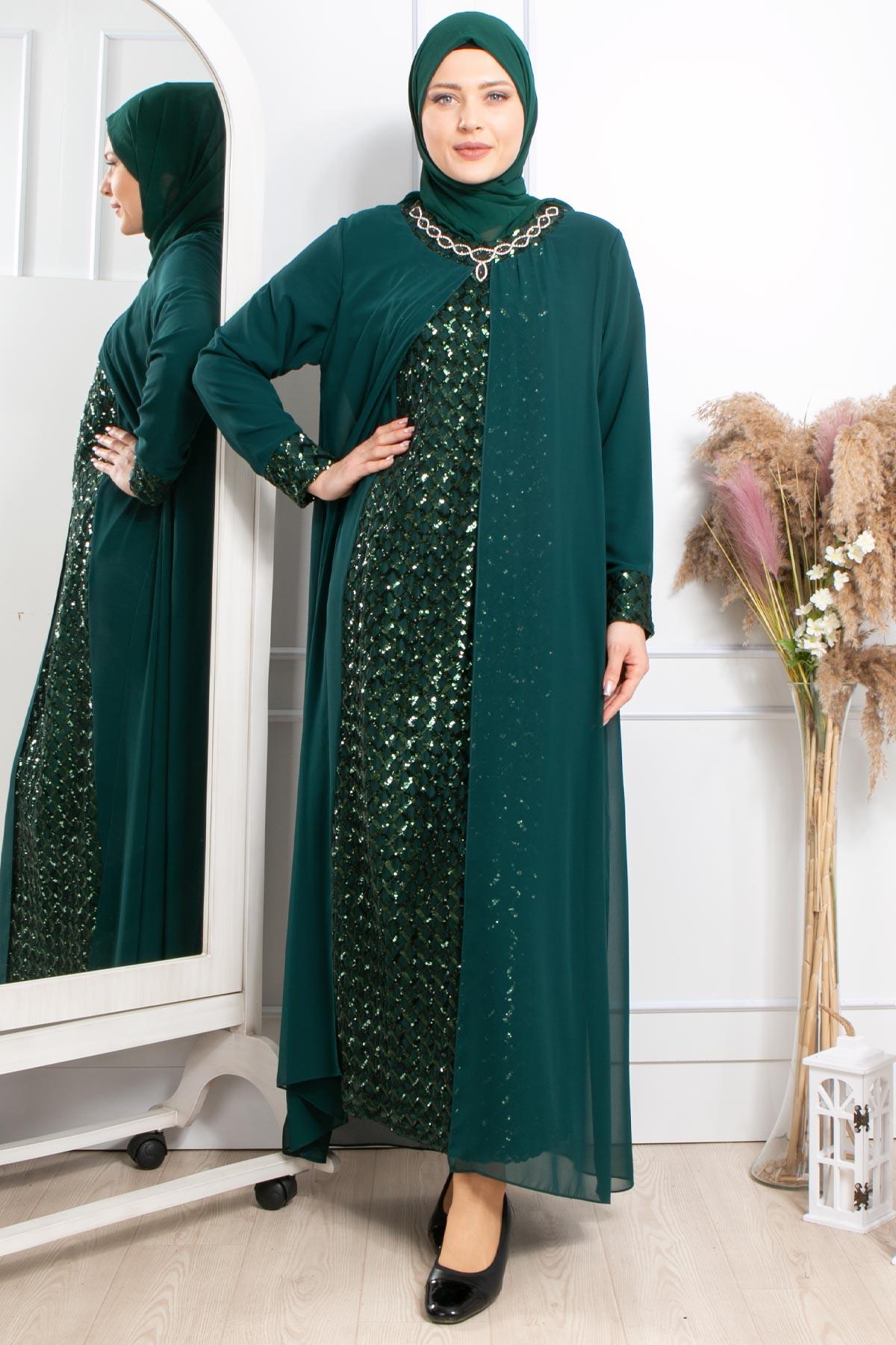 TAŞ İŞLEMELİ PUL PAYETLİ ABİYEMDA2307-ZÜMRÜTMDA