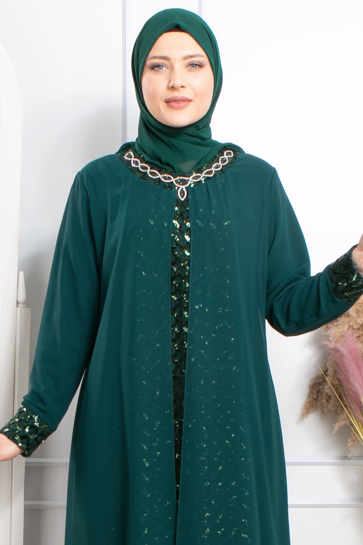 TAŞ İŞLEMELİ PUL PAYETLİ ABİYEMDA2307-ZÜMRÜTMDA