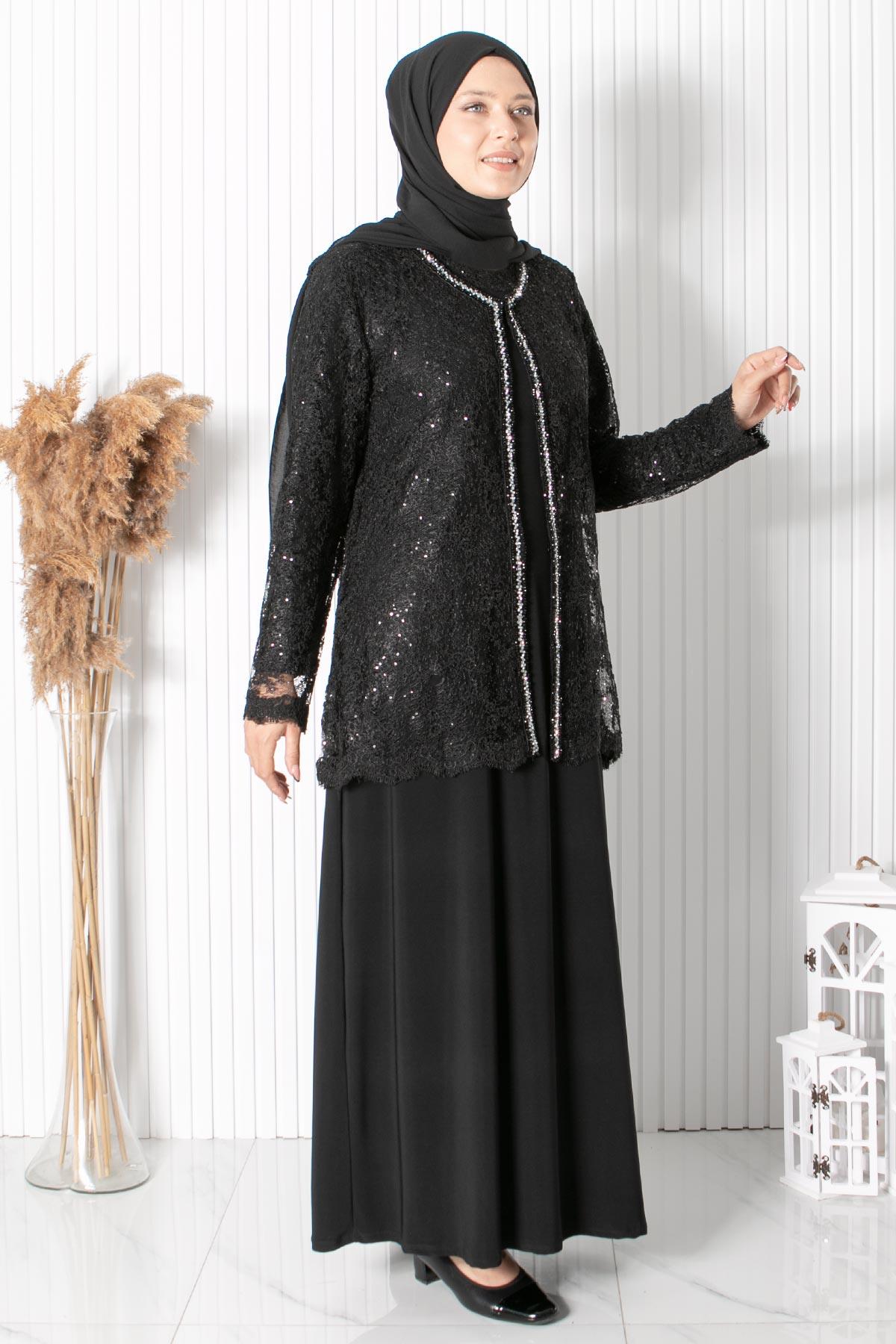 Dantelli Pul Payet Detay Abiye Siyah MDA2311MDA2311-SİYAHMDA