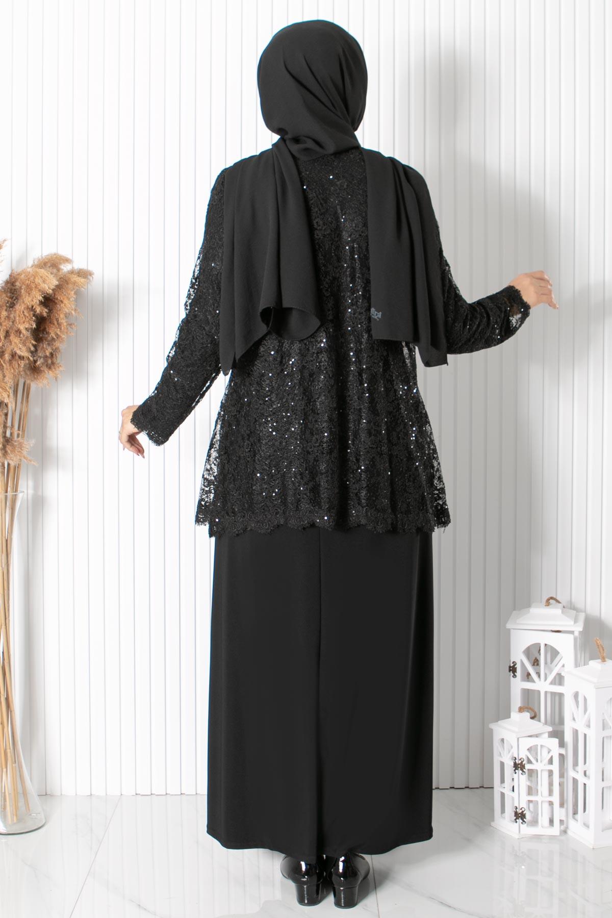 Dantelli Pul Payet Detay Abiye Siyah MDA2311MDA2311-SİYAHMDA