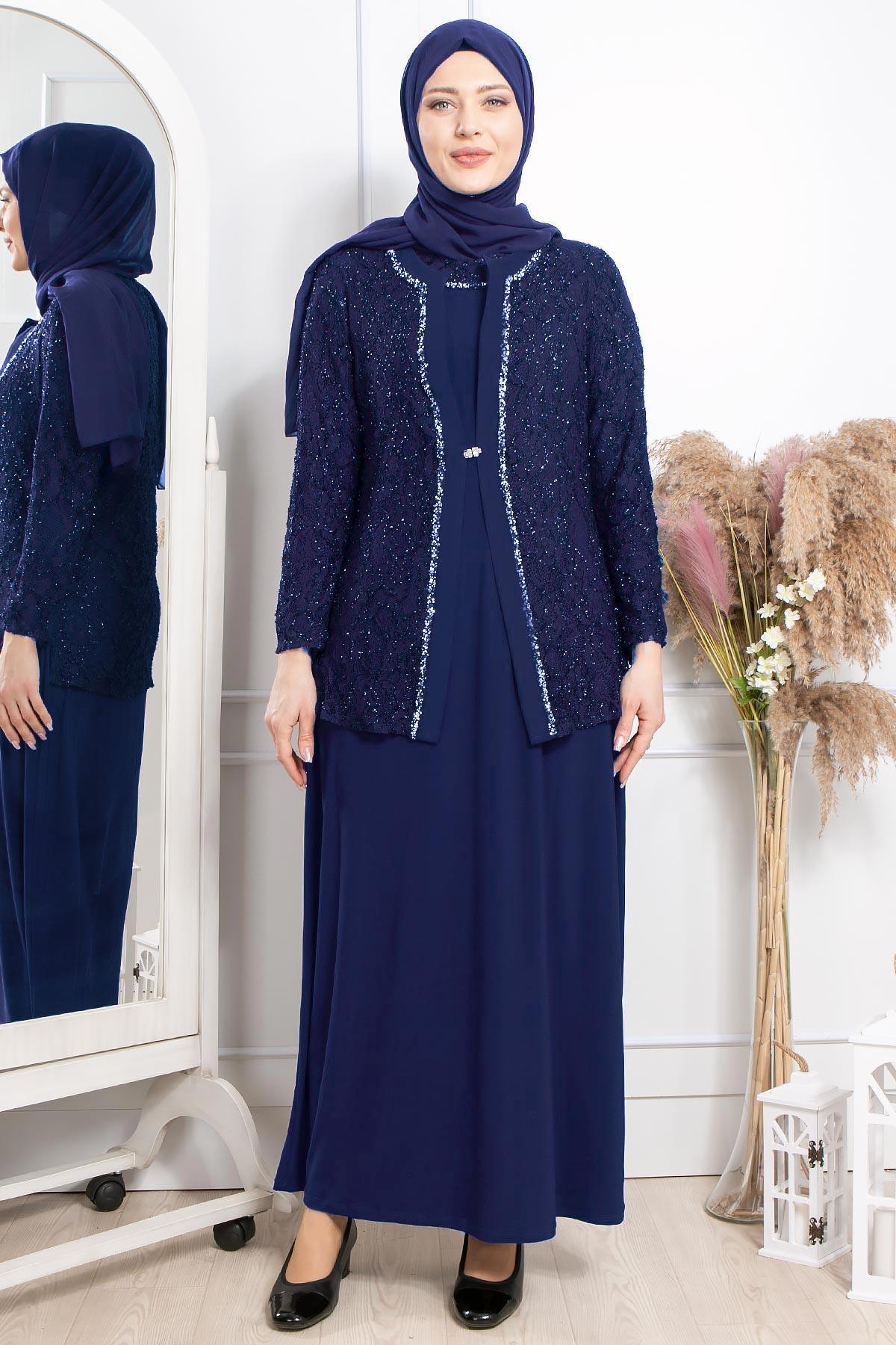 TAŞ İŞLEME DETAYLI SİMLİ ABİYEMDA2317-LACİVERTMDA