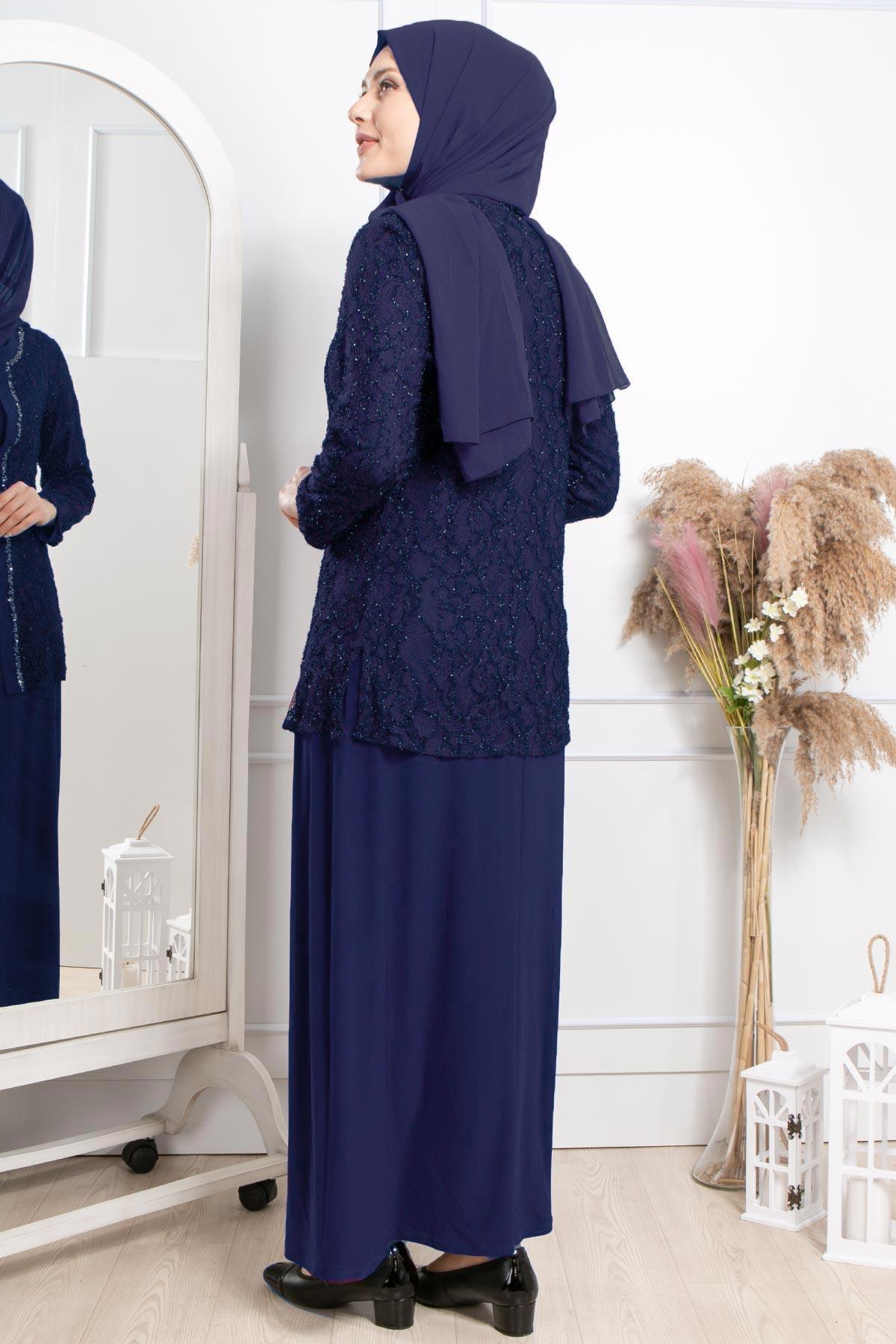 TAŞ İŞLEME DETAYLI SİMLİ ABİYEMDA2317-LACİVERTMDA