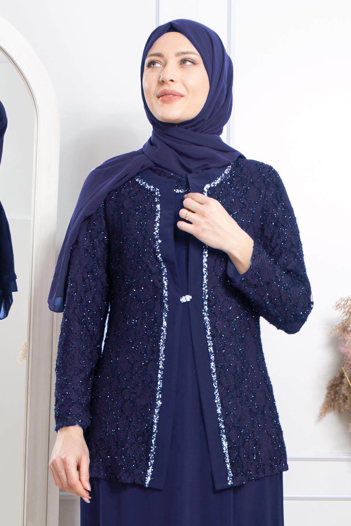TAŞ İŞLEME DETAYLI SİMLİ ABİYEMDA2317-LACİVERTMDA