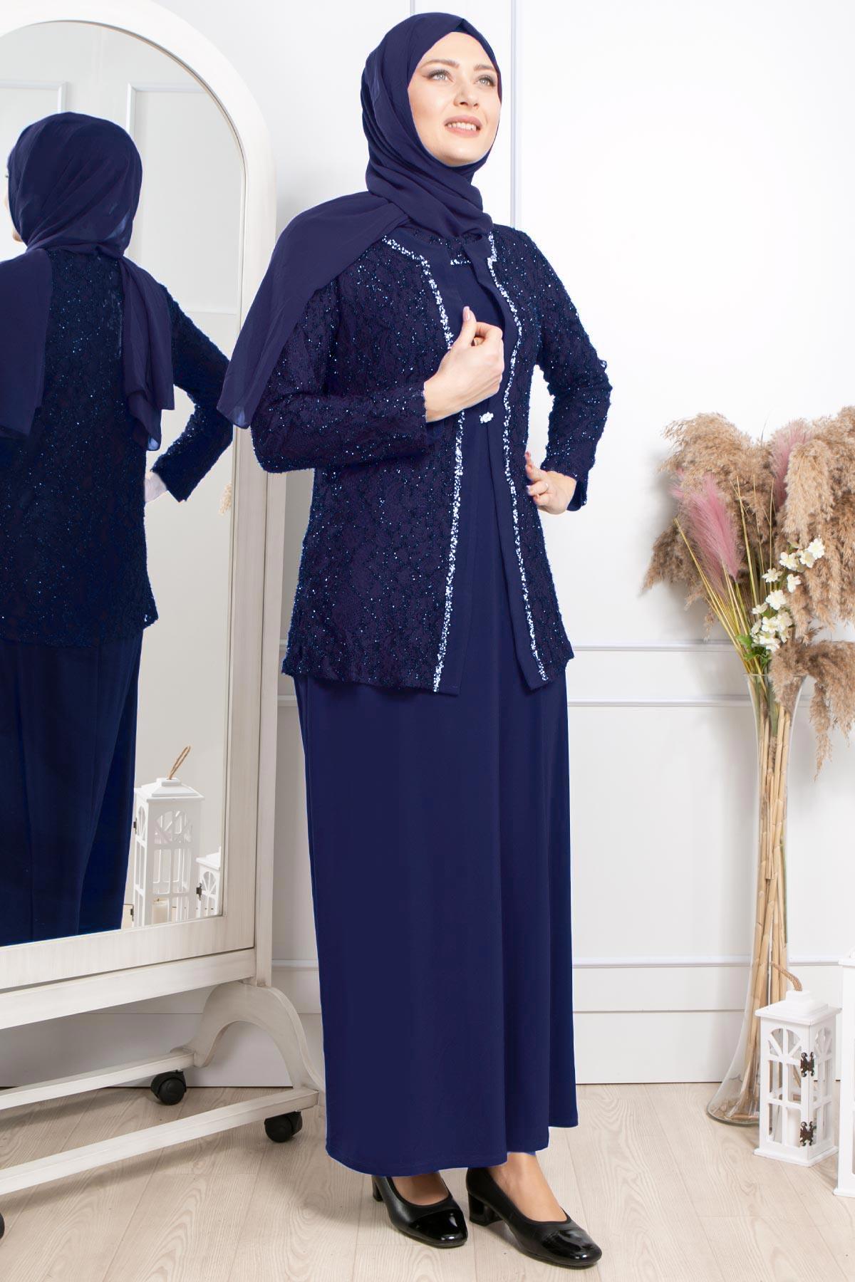 TAŞ İŞLEME DETAYLI SİMLİ ABİYEMDA2317-LACİVERTMDA