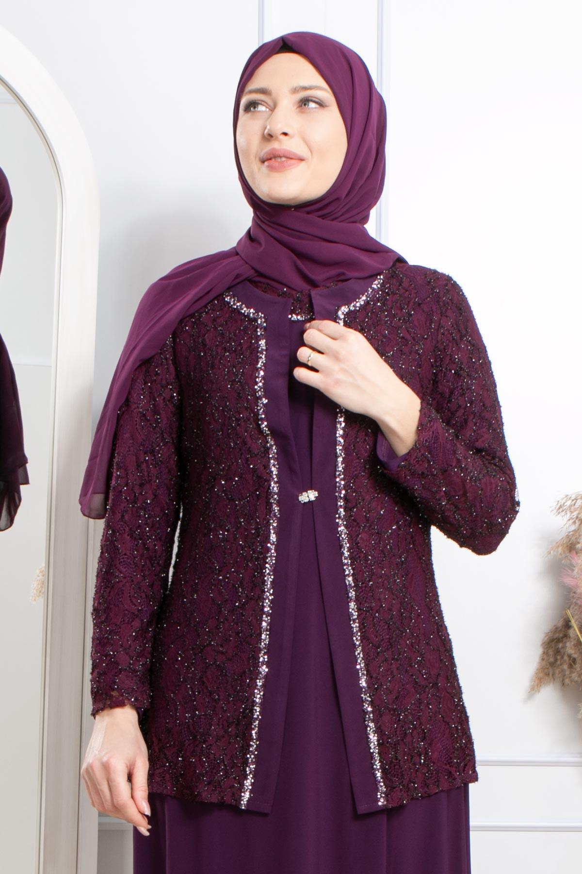 TAŞ İŞLEME DETAYLI SİMLİ ABİYEMDA2317-MÜRDÜMMDA