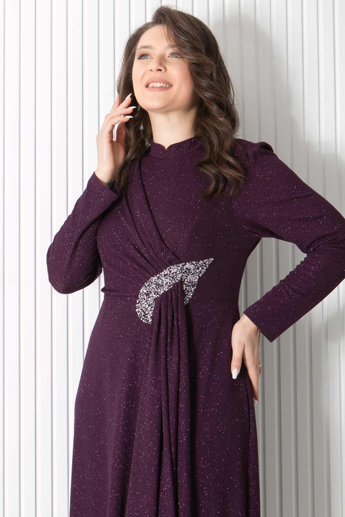 Simli Taş Baskı Detaylı Abiye Mürdüm MDA2430MDA2430-MÜRDÜMMDA