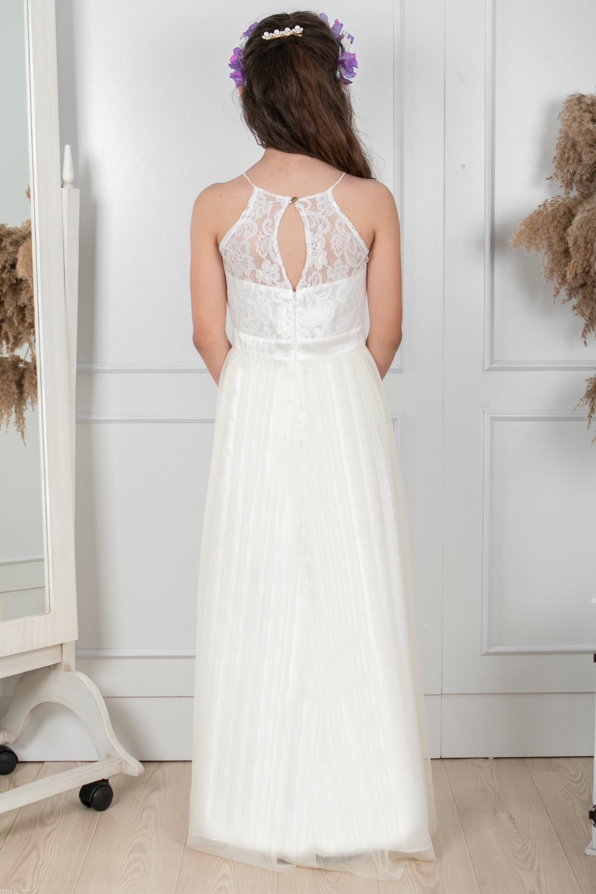 Spitzendetailliertes Tüll-Abendkleid für Kinder Ecru MDV302MDV302-EKRUFahima