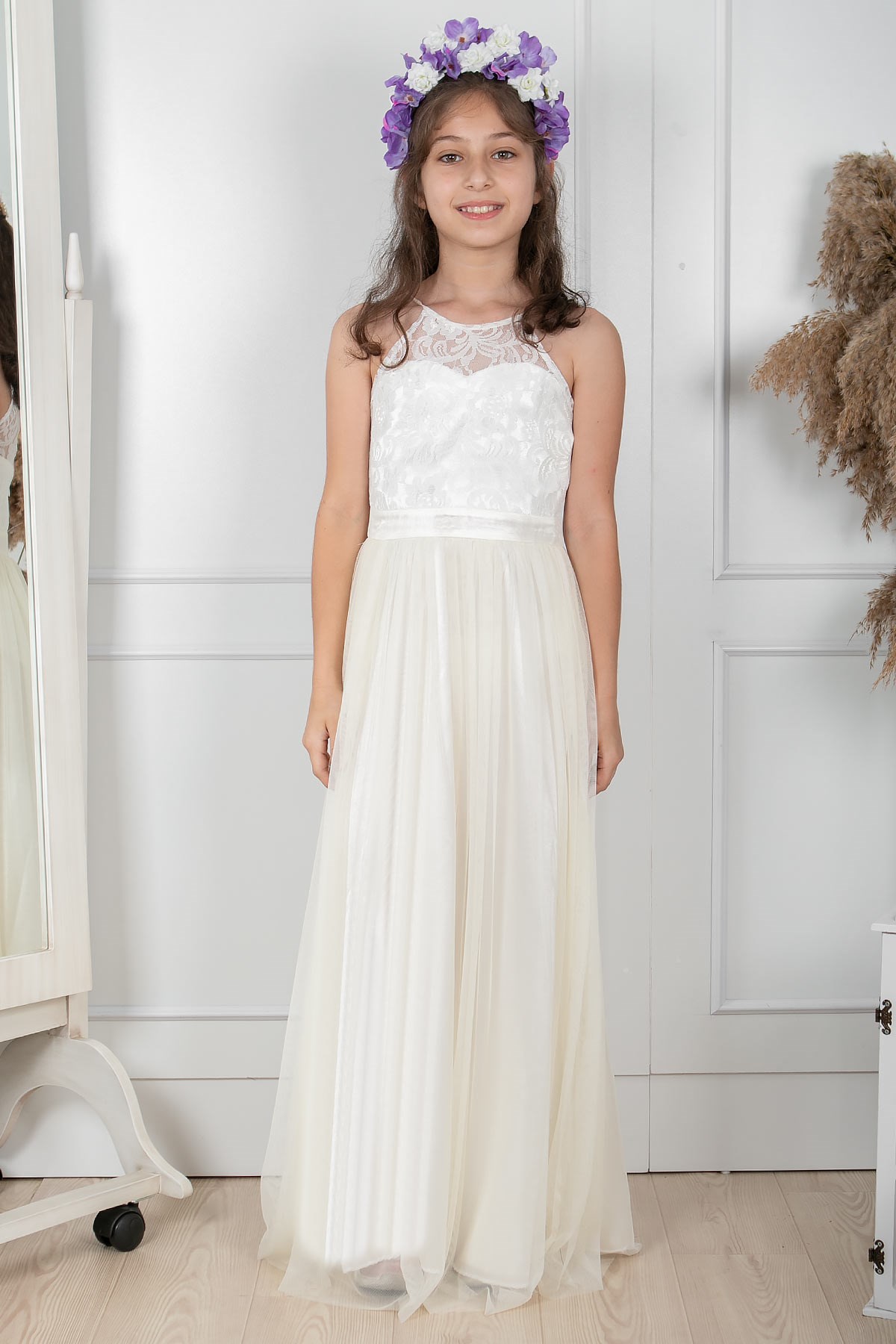 Spitzendetailliertes Tüll-Abendkleid für Kinder Ecru MDV302MDV302-EKRUFahima