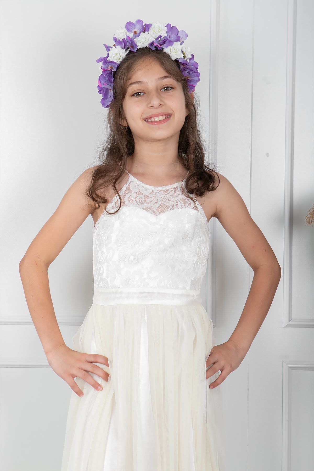 Spitzendetailliertes Tüll-Abendkleid für Kinder Ecru MDV302MDV302-EKRUFahima