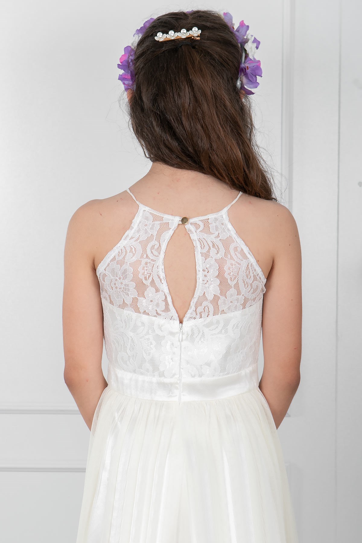Spitzendetailliertes Tüll-Abendkleid für Kinder Ecru MDV302MDV302-EKRUFahima