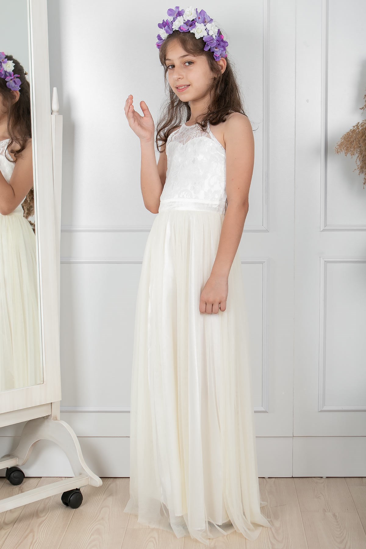 Spitzendetailliertes Tüll-Abendkleid für Kinder Ecru MDV302MDV302-EKRUFahima