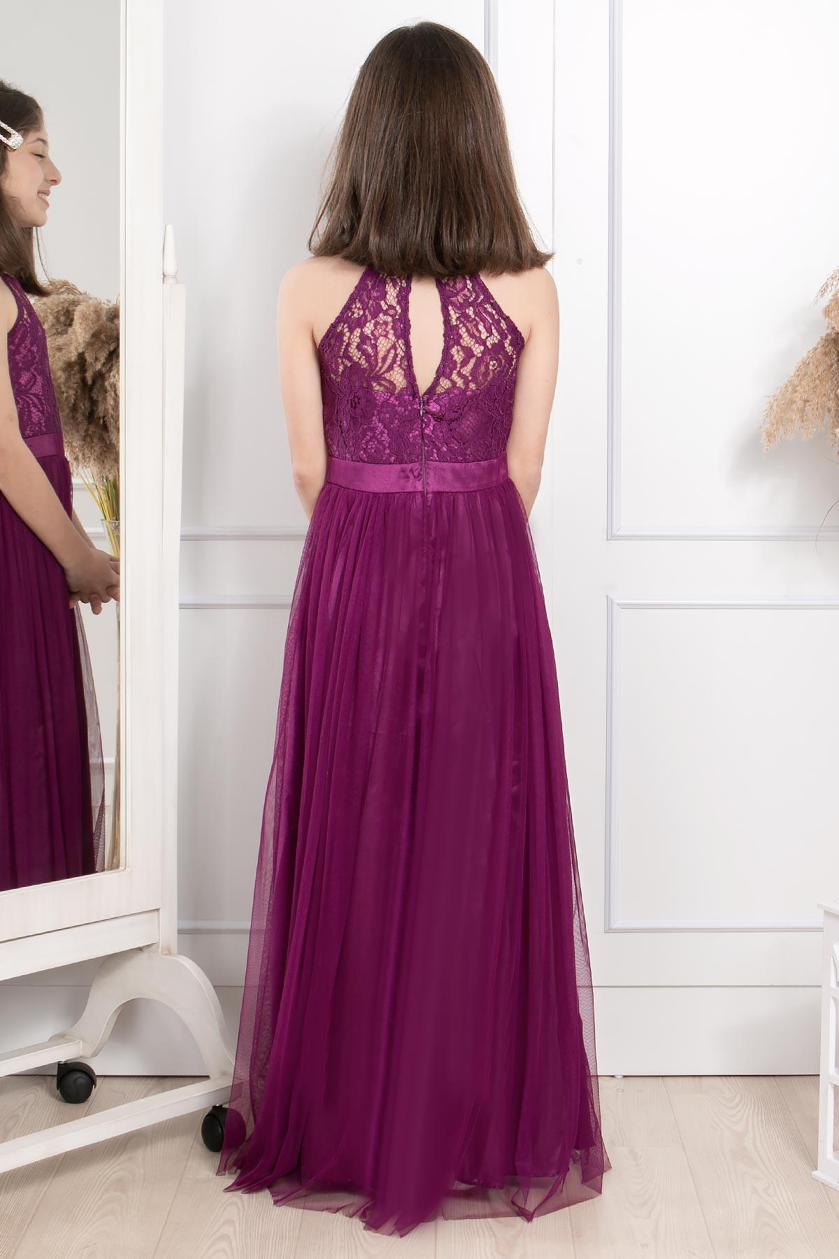 Dantel DetaylıTül Çocuk Abiye Mürdüm MDV302MDV302-MORFahima