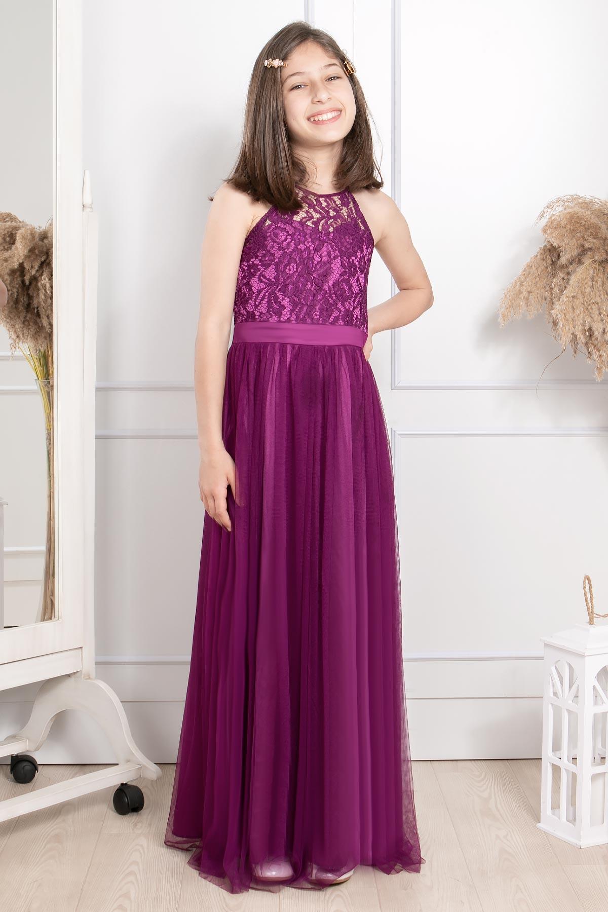 Dantel DetaylıTül Çocuk Abiye Mürdüm MDV302MDV302-MORFahima