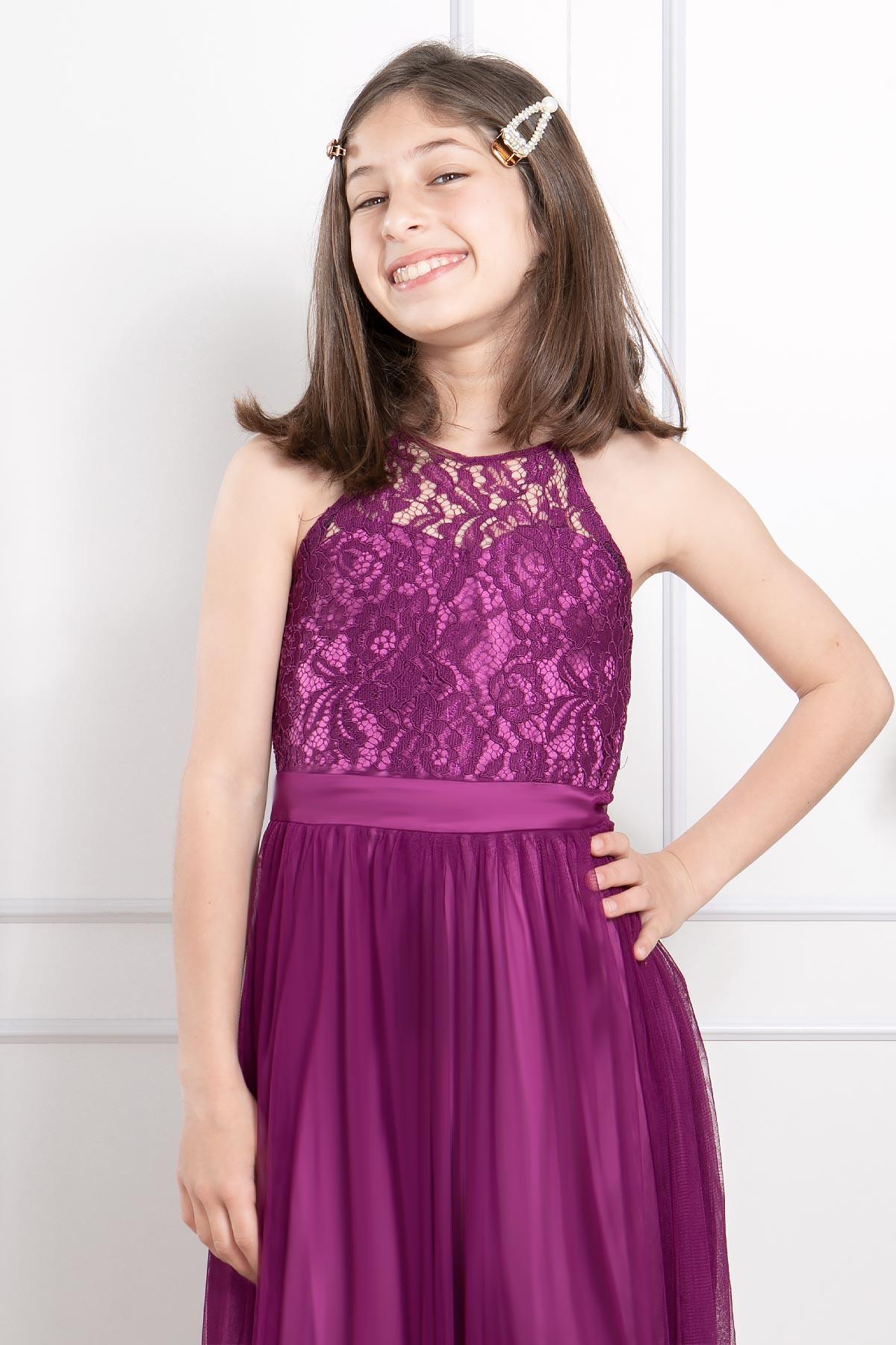 Dantel DetaylıTül Çocuk Abiye Mürdüm MDV302MDV302-MORFahima