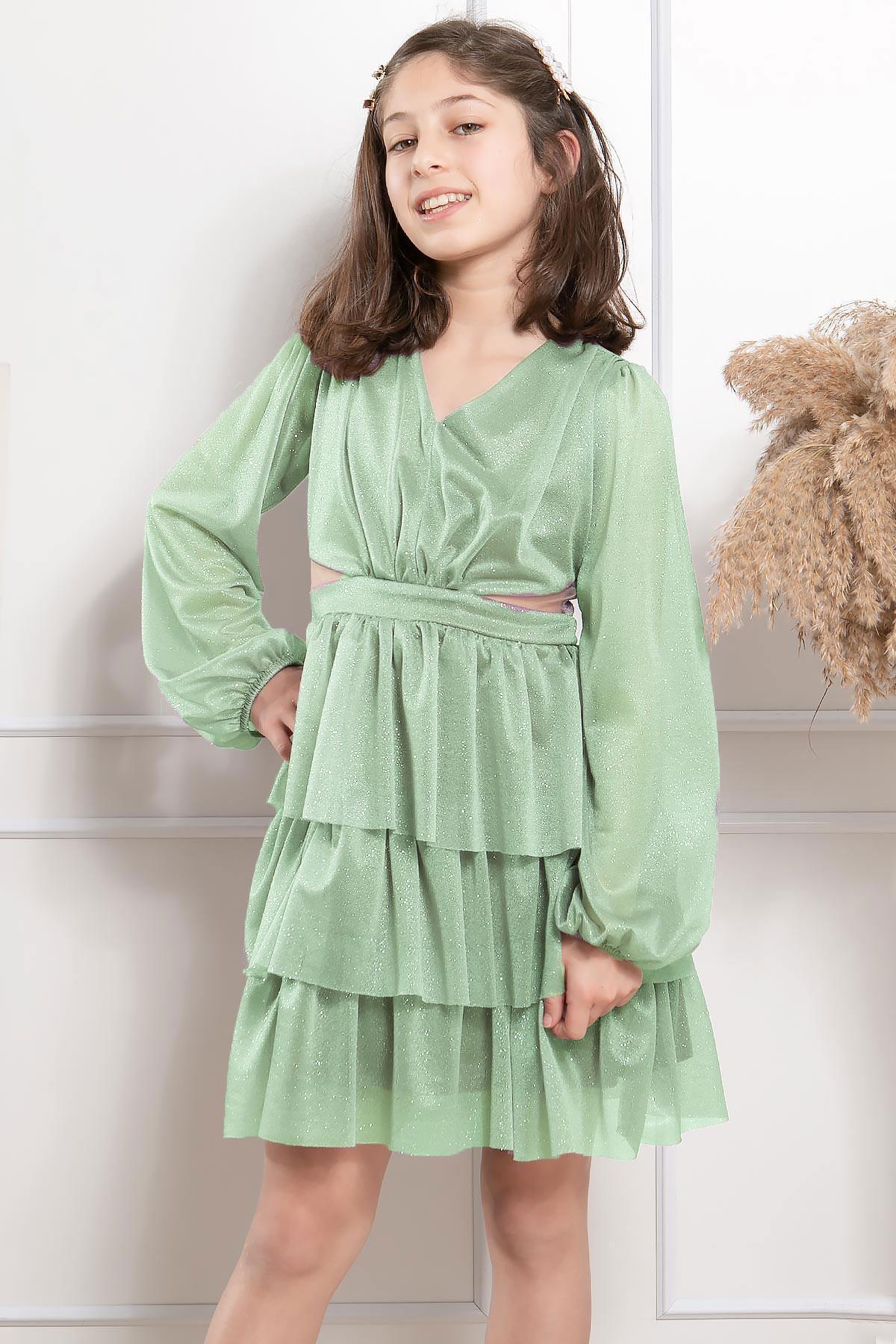 Fırfırlı Simli Tül Çocuk Abiye Çağla Yeşili MDV308MDV308-ÇAĞLA YEŞİLİModaviki