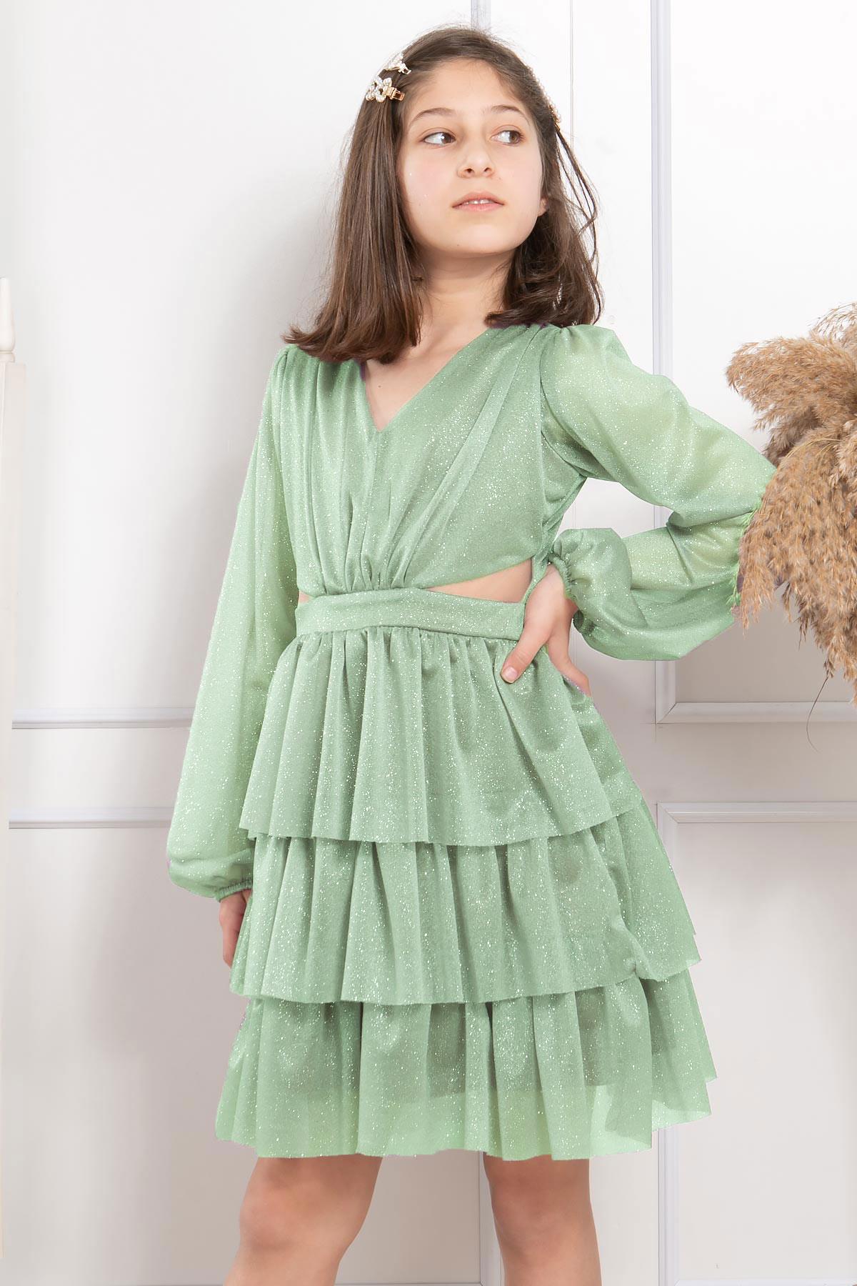 Fırfırlı Simli Tül Çocuk Abiye Çağla Yeşili MDV308MDV308-ÇAĞLA YEŞİLİModaviki