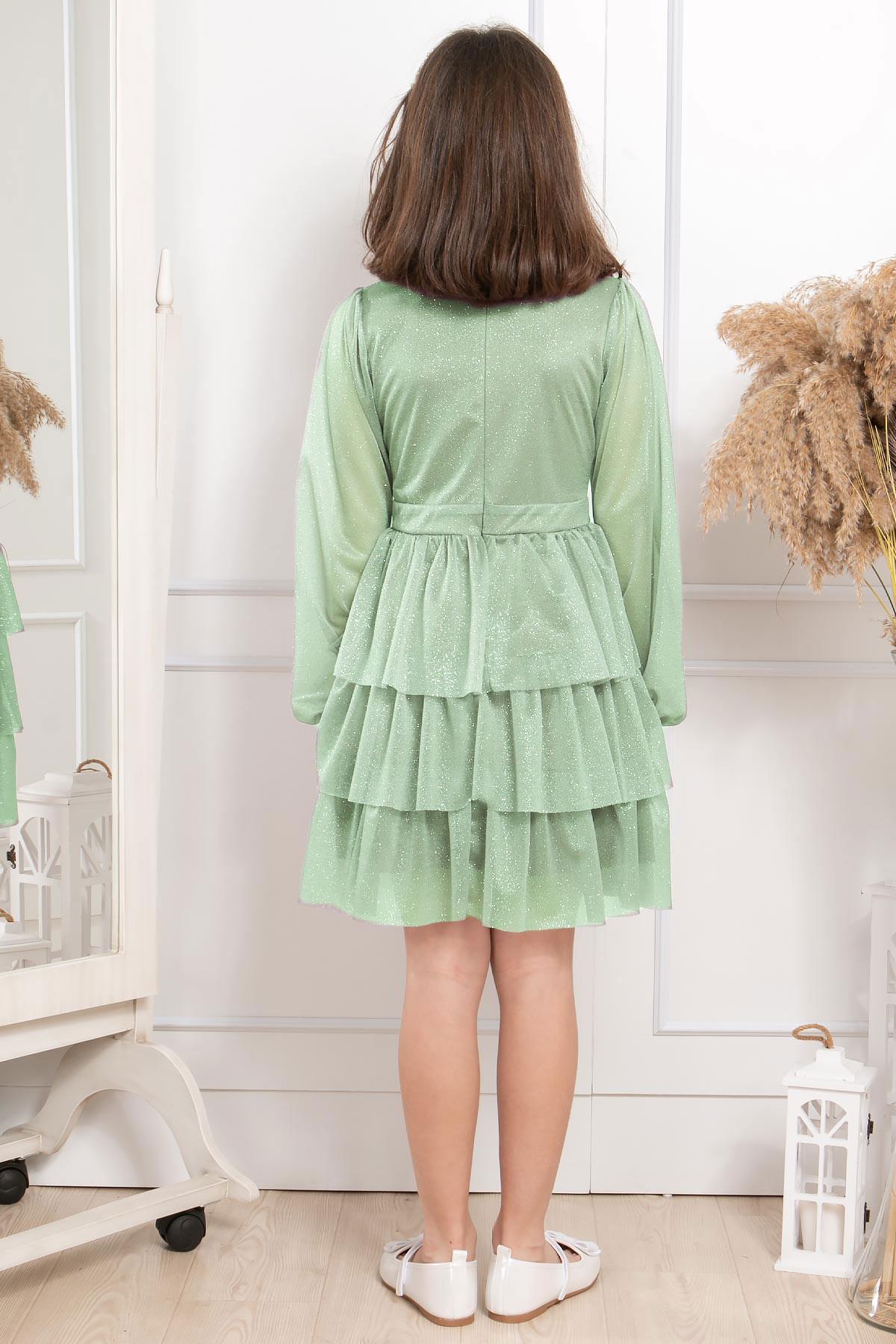 Fırfırlı Simli Tül Çocuk Abiye Çağla Yeşili MDV308MDV308-ÇAĞLA YEŞİLİModaviki