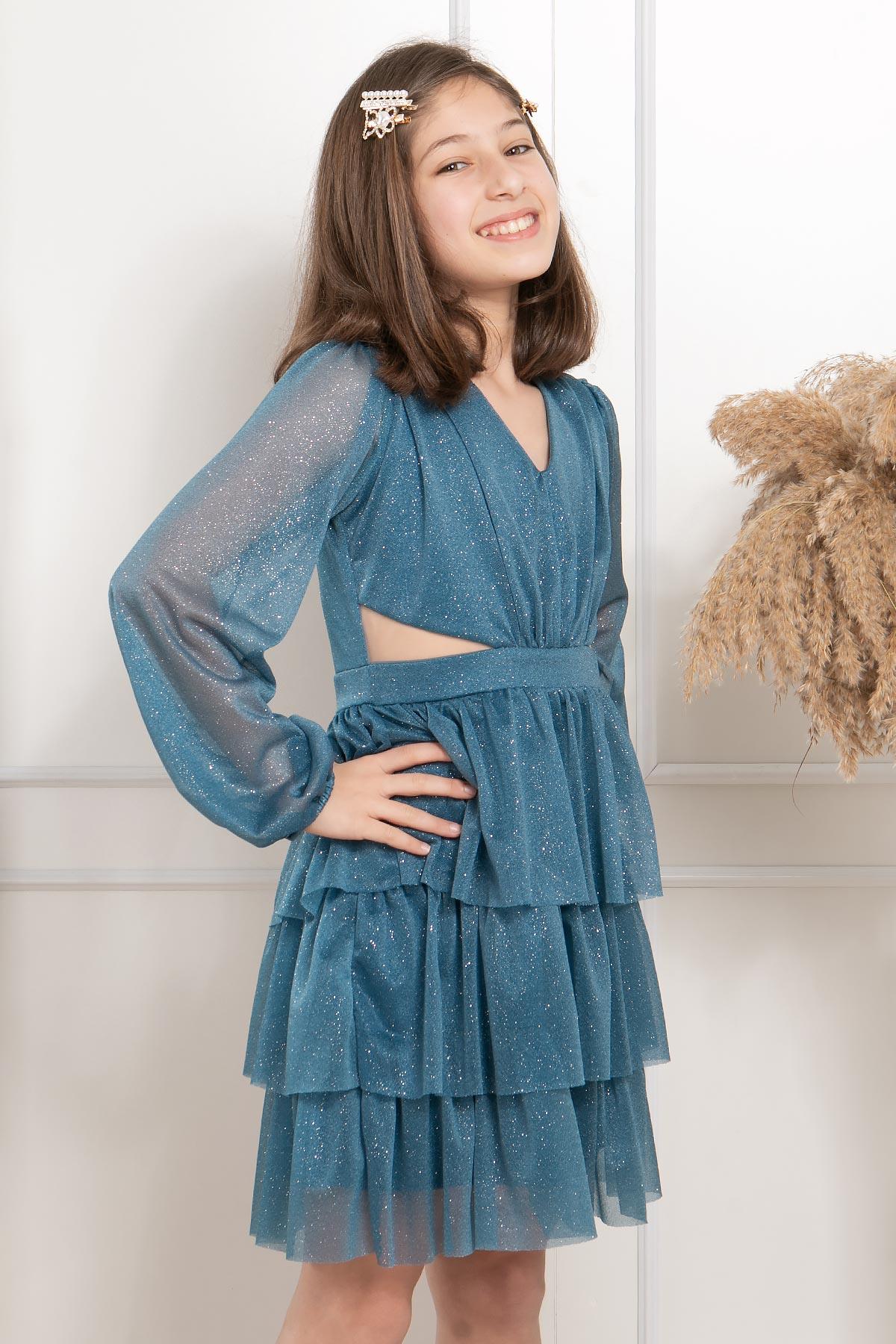 FIRFIRLI SİMLİ TÜL ÇOCUK ABİYEMDV308-İNDİGOModaviki