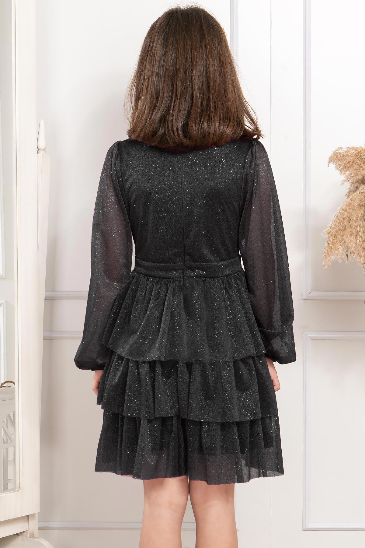 Fırfırlı Simli Tül Çocuk Abiye Siyah MDV308MDV308-SİYAHModaviki