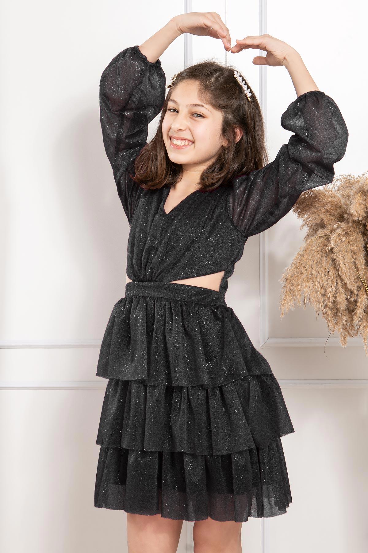 Fırfırlı Simli Tül Çocuk Abiye Siyah MDV308MDV308-SİYAHModaviki