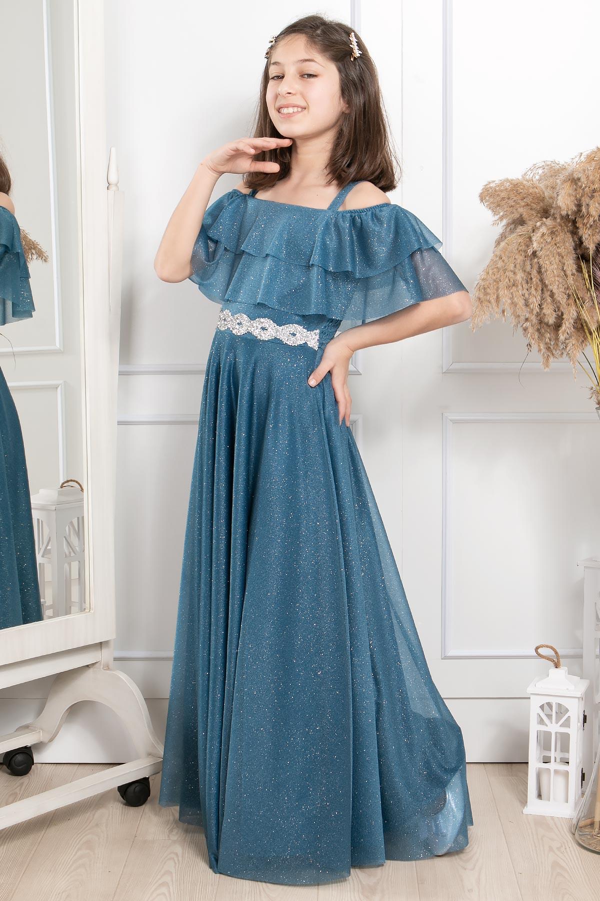 FIRFIR DETAYLI SİMLİ TÜL ABİYEMDV314-İNDİGOModaviki