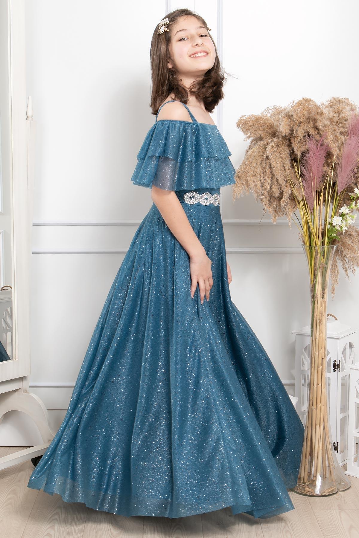 FIRFIR DETAYLI SİMLİ TÜL ABİYEMDV314-İNDİGOModaviki