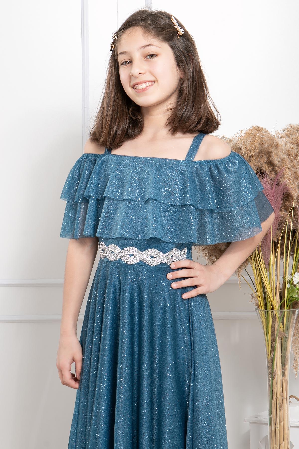 FIRFIR DETAYLI SİMLİ TÜL ABİYEMDV314-İNDİGOModaviki