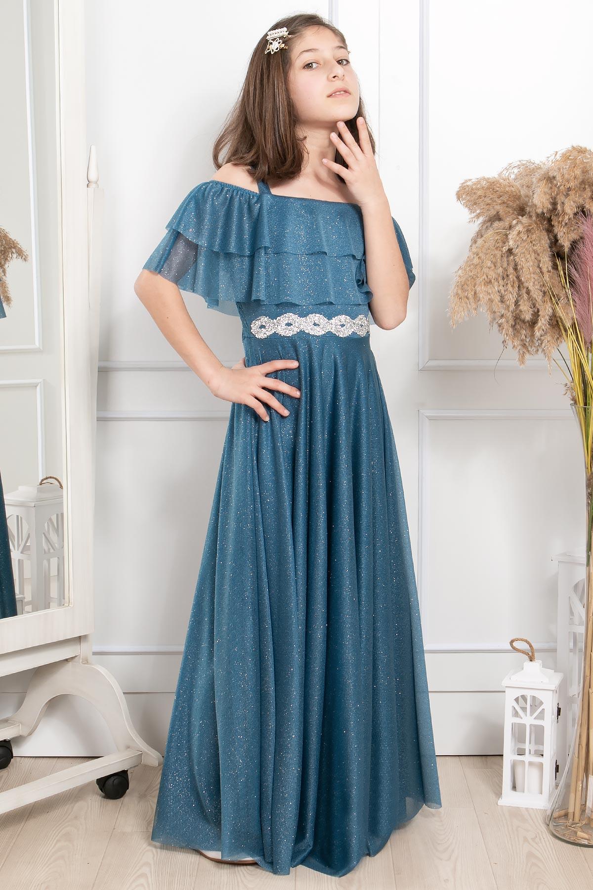 FIRFIR DETAYLI SİMLİ TÜL ABİYEMDV314-İNDİGOModaviki