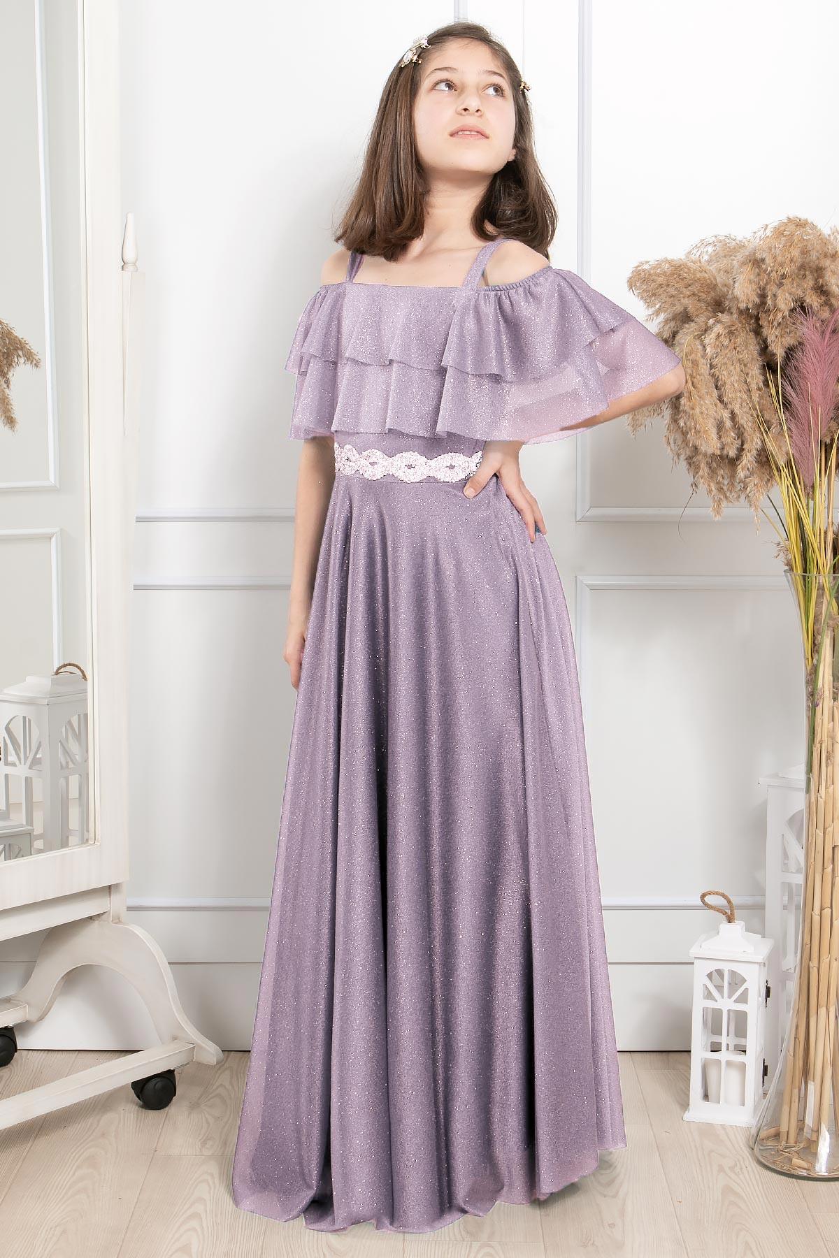 Fırfır Detaylı Simli Tül Çocuk Abiye Lila MDV314MDV314-LİLAModaviki