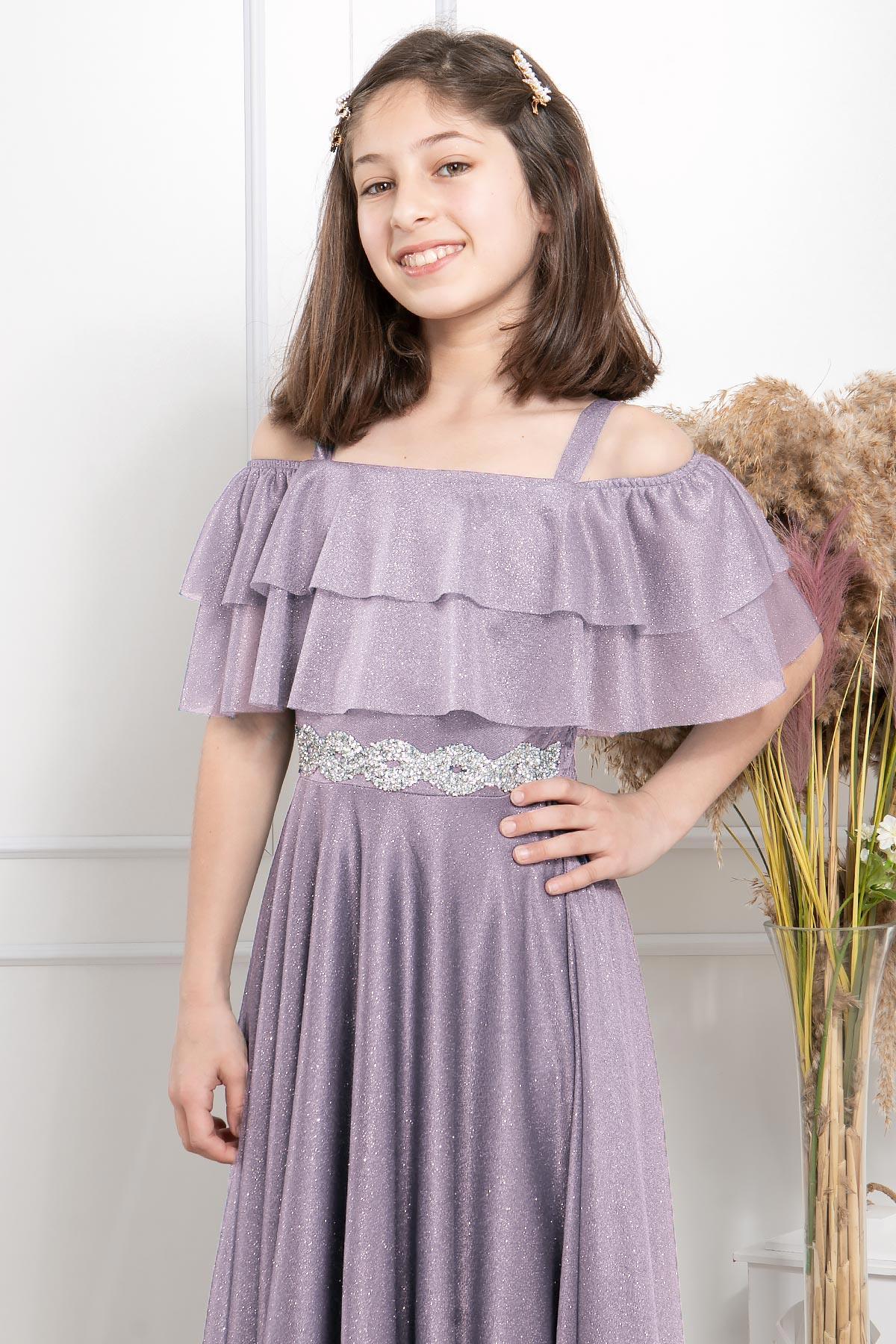 Fırfır Detaylı Simli Tül Çocuk Abiye Lila MDV314MDV314-LİLAModaviki