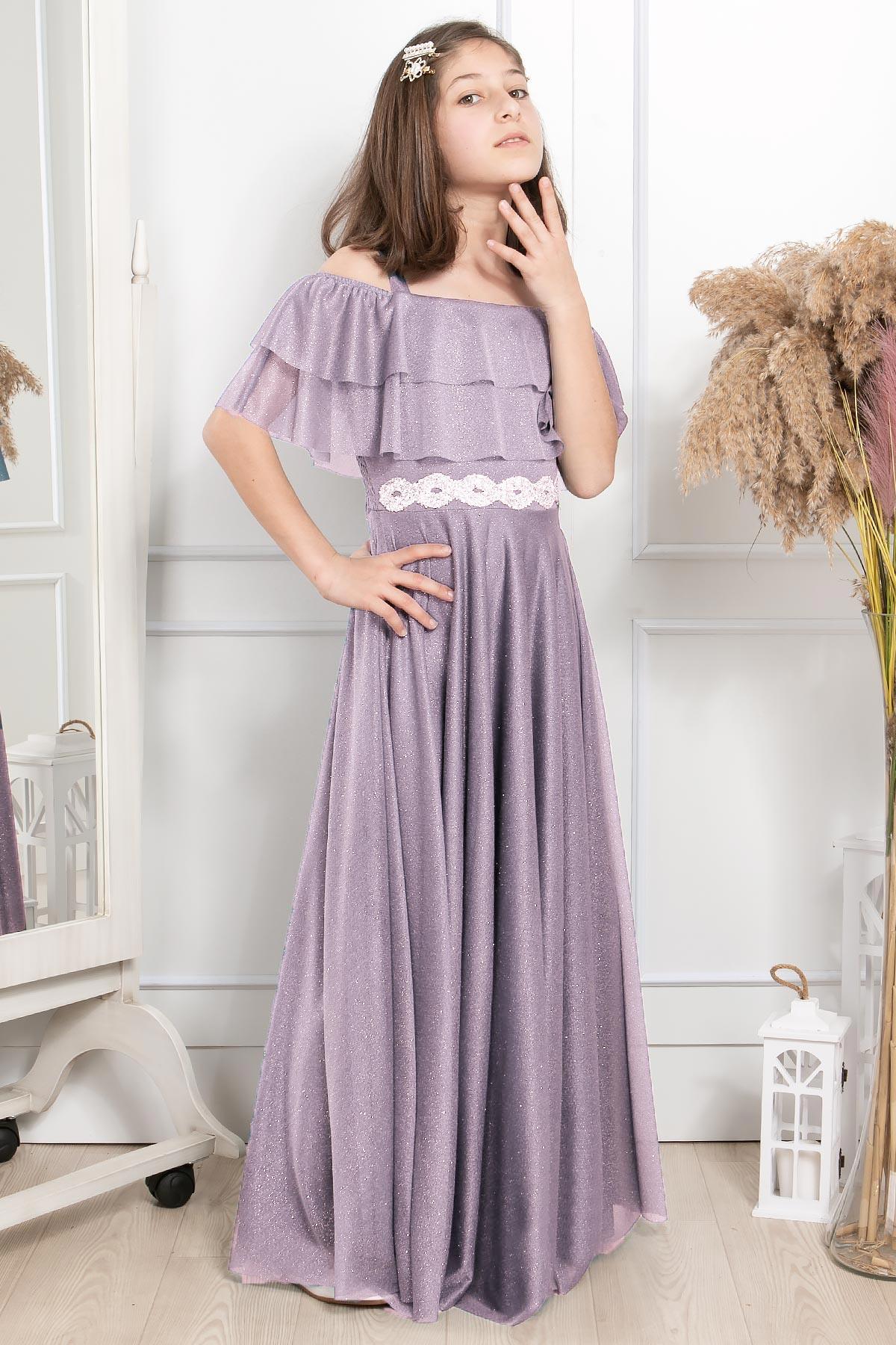 Fırfır Detaylı Simli Tül Çocuk Abiye Lila MDV314MDV314-LİLAModaviki