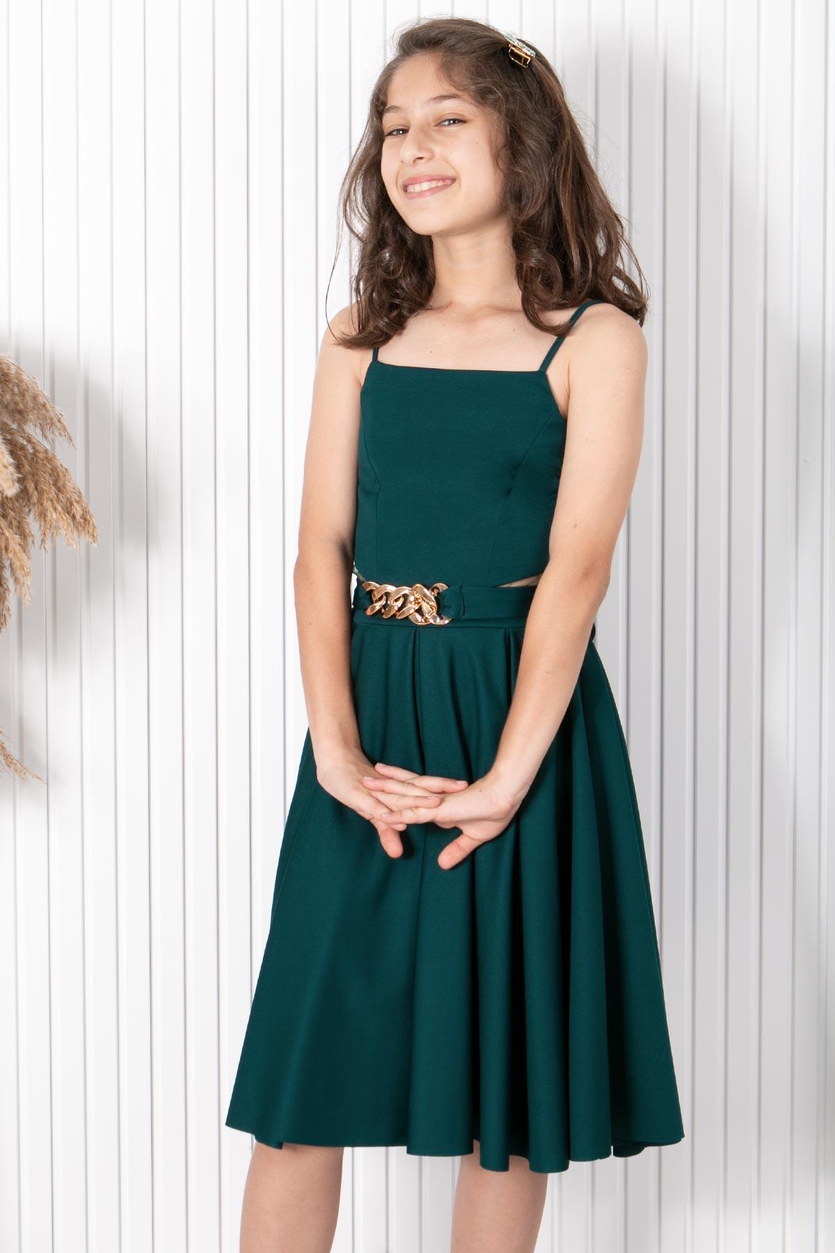 9-14 YAŞ ZİNCİR KEMERLİ ABİYEMDV318-ZÜMRÜTModaviki