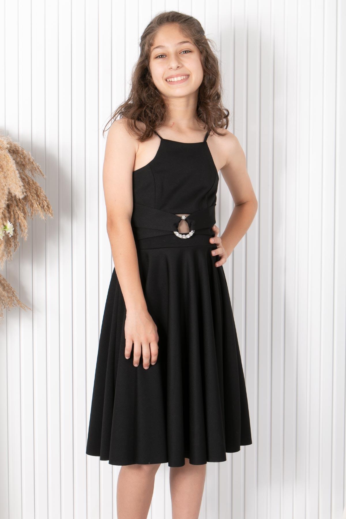 9-14 YAŞ TAŞ KEMERLİ ABİYEMDV322-SİYAHModaviki