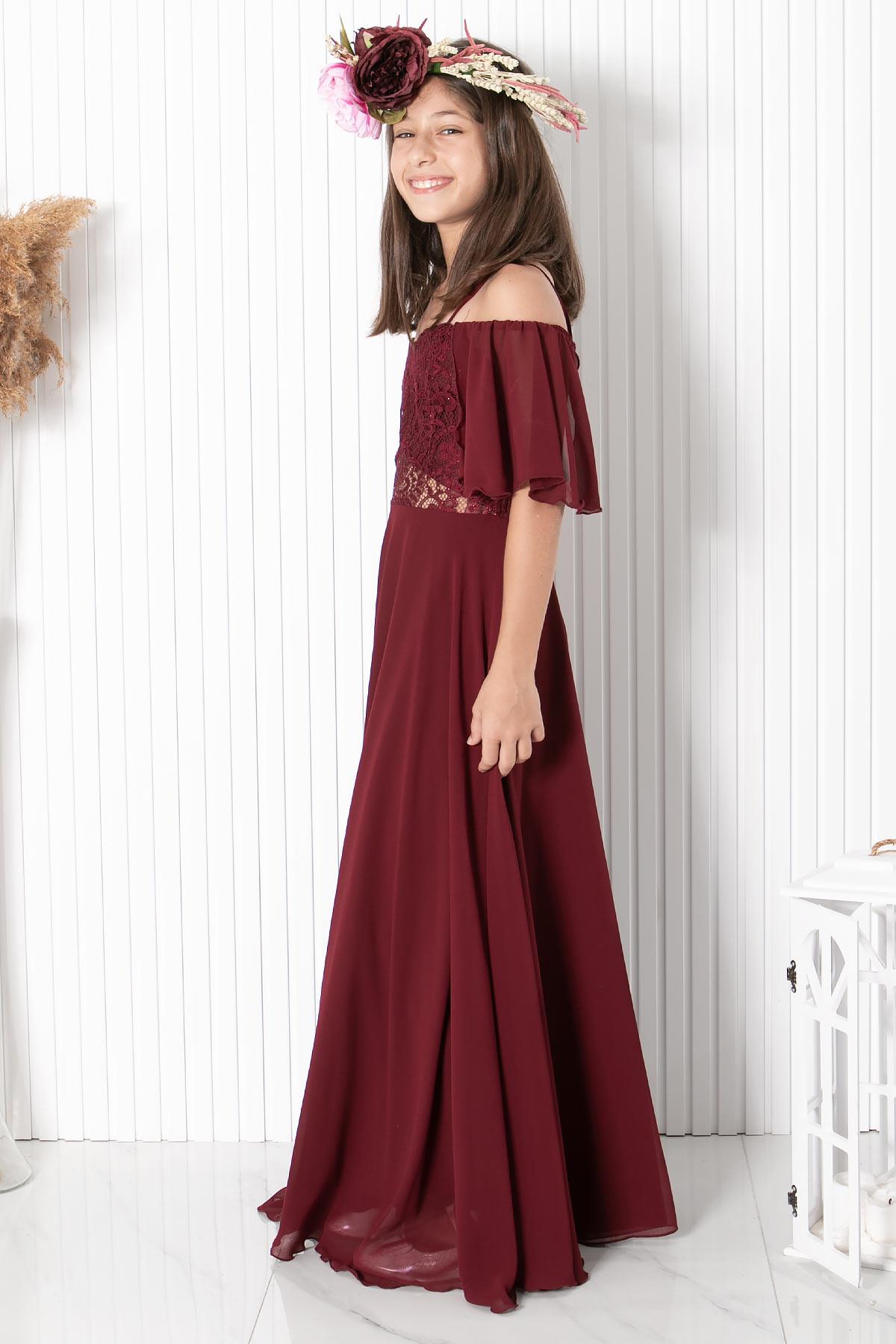 DANTELLİ ŞİFON ABİYEMDV330-BORDOModaviki