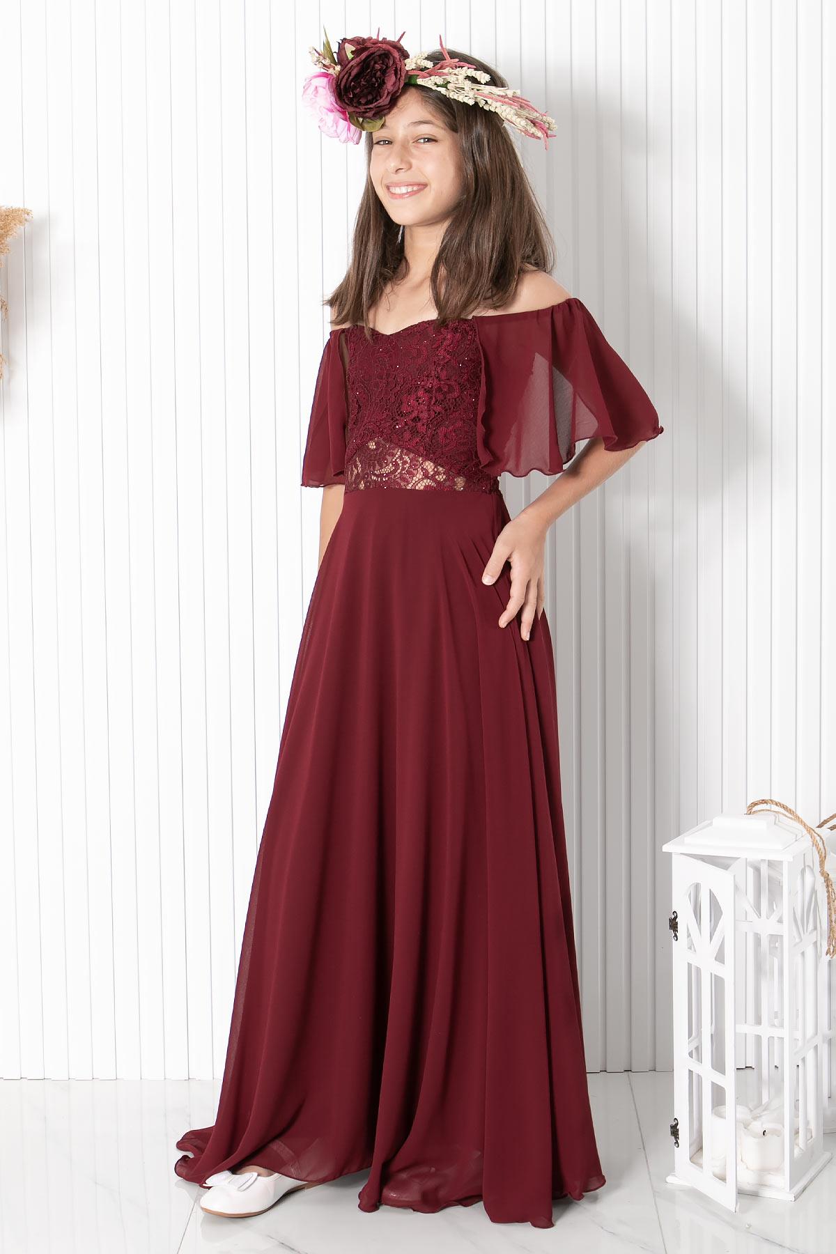 DANTELLİ ŞİFON ABİYEMDV330-BORDOModaviki