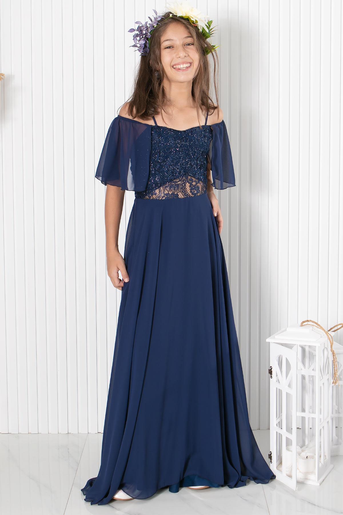 DANTELLİ ŞİFON ABİYEMDV330-LACİVERTModaviki