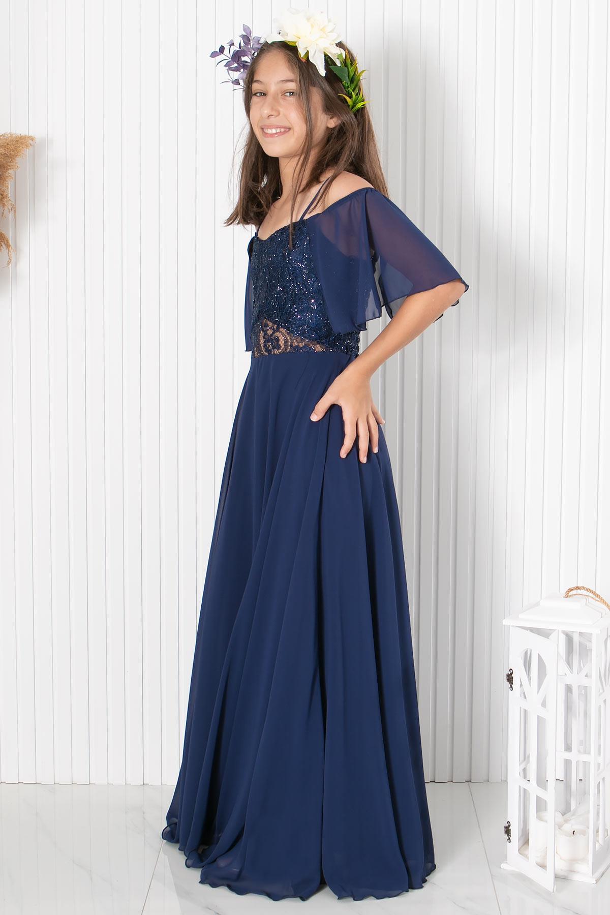 DANTELLİ ŞİFON ABİYEMDV330-LACİVERTModaviki