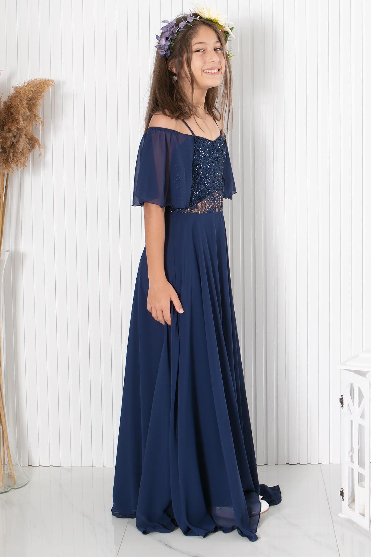 DANTELLİ ŞİFON ABİYEMDV330-LACİVERTModaviki