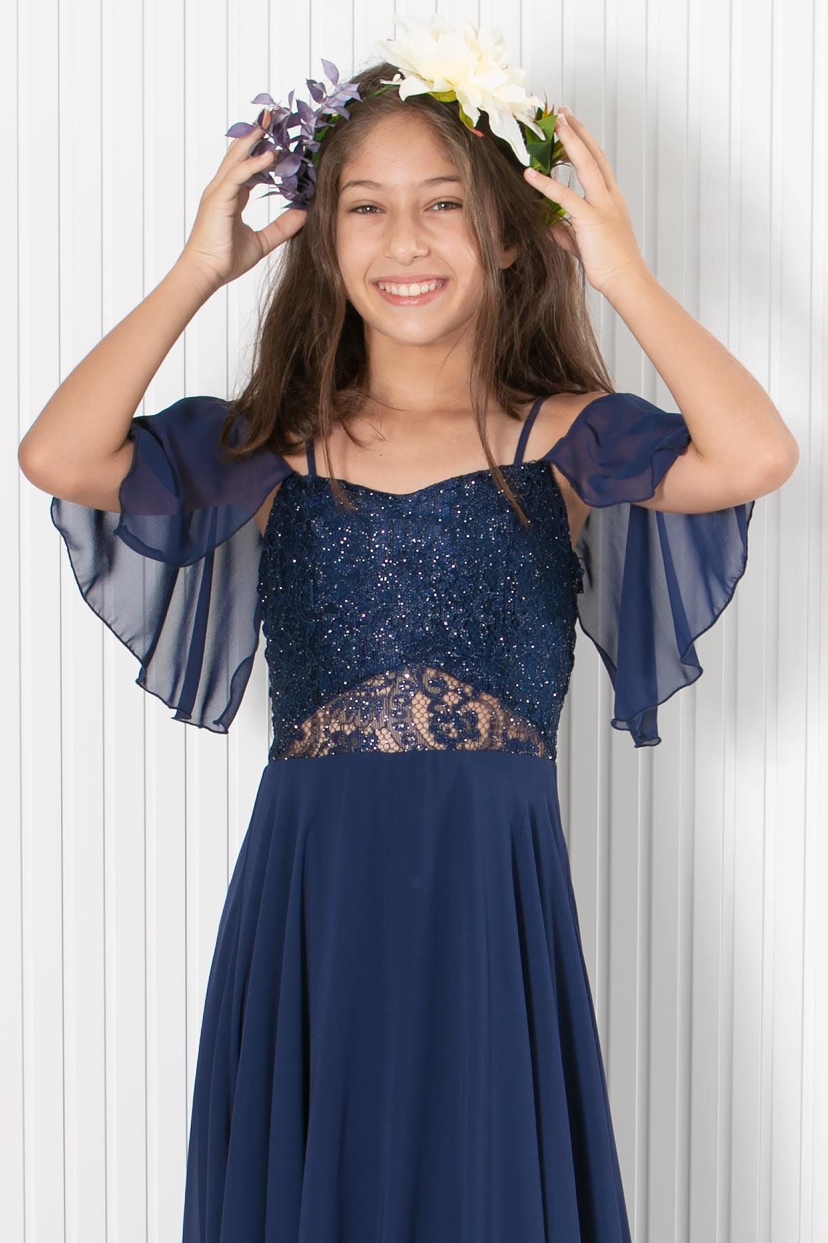 DANTELLİ ŞİFON ABİYEMDV330-LACİVERTModaviki