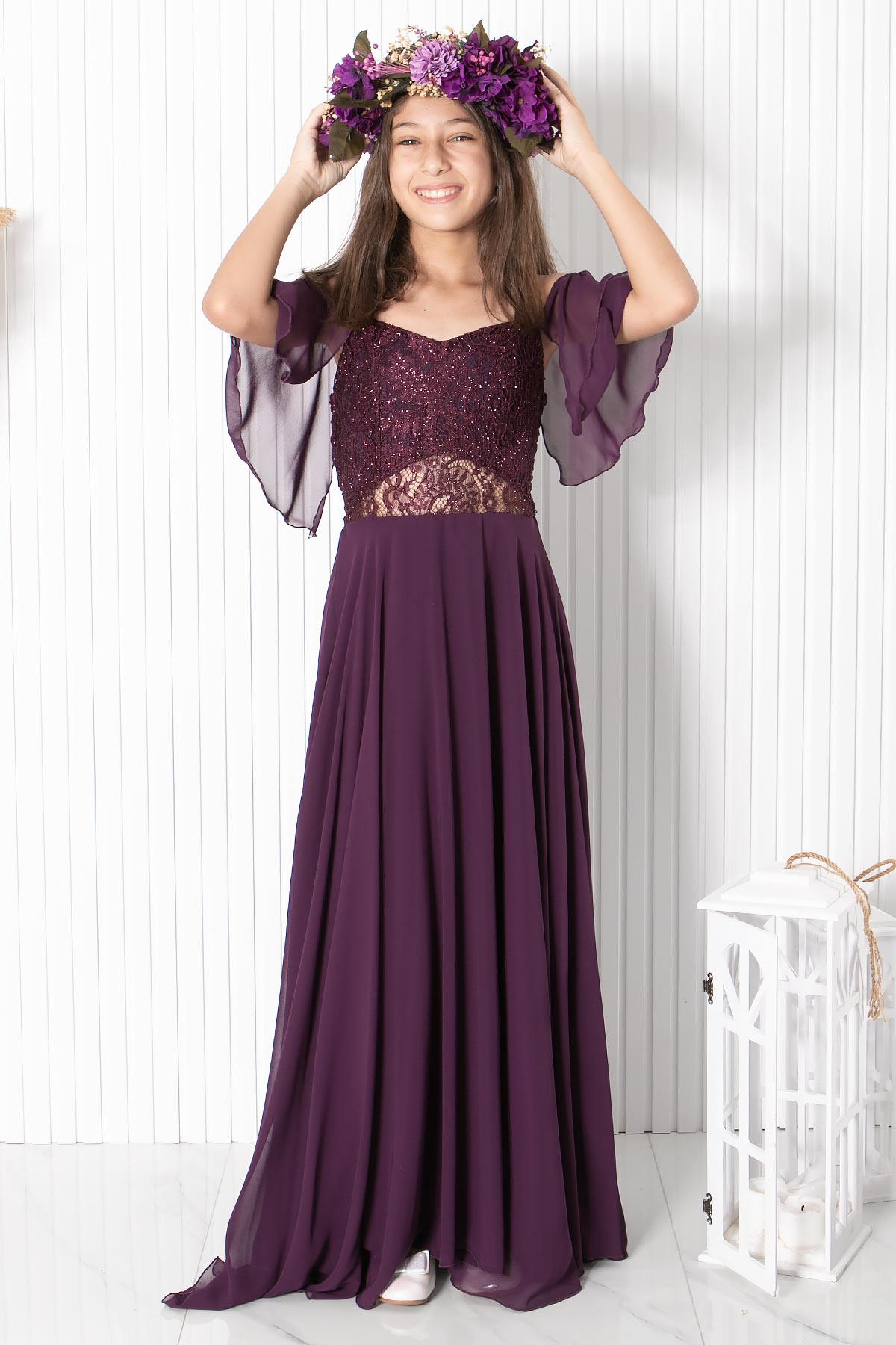 DANTELLİ ŞİFON ABİYEMDV330-MÜRDÜMModaviki