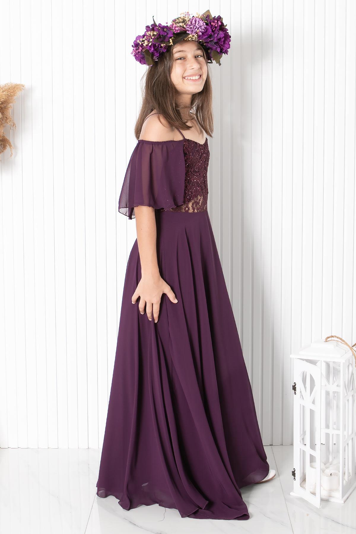 DANTELLİ ŞİFON ABİYEMDV330-MÜRDÜMModaviki
