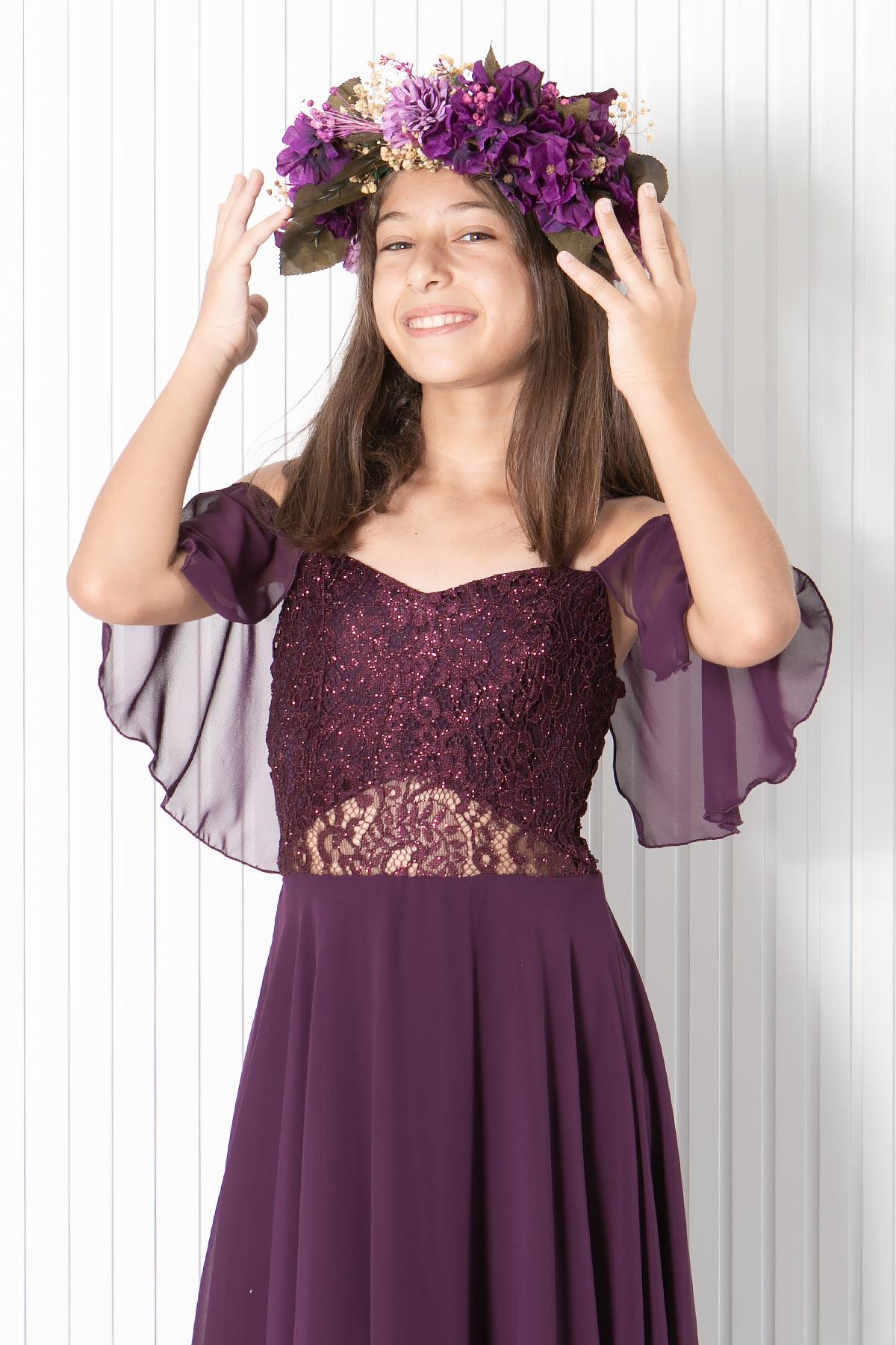 DANTELLİ ŞİFON ABİYEMDV330-MÜRDÜMModaviki