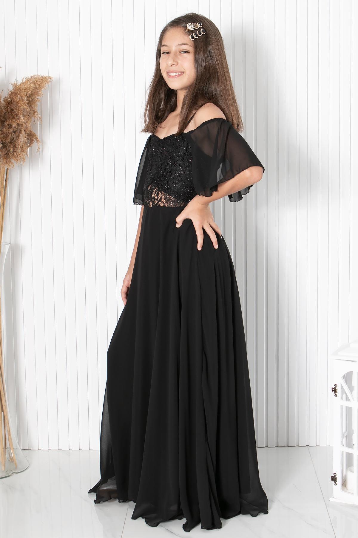 DANTELLİ ŞİFON ABİYEMDV330-SİYAHModaviki